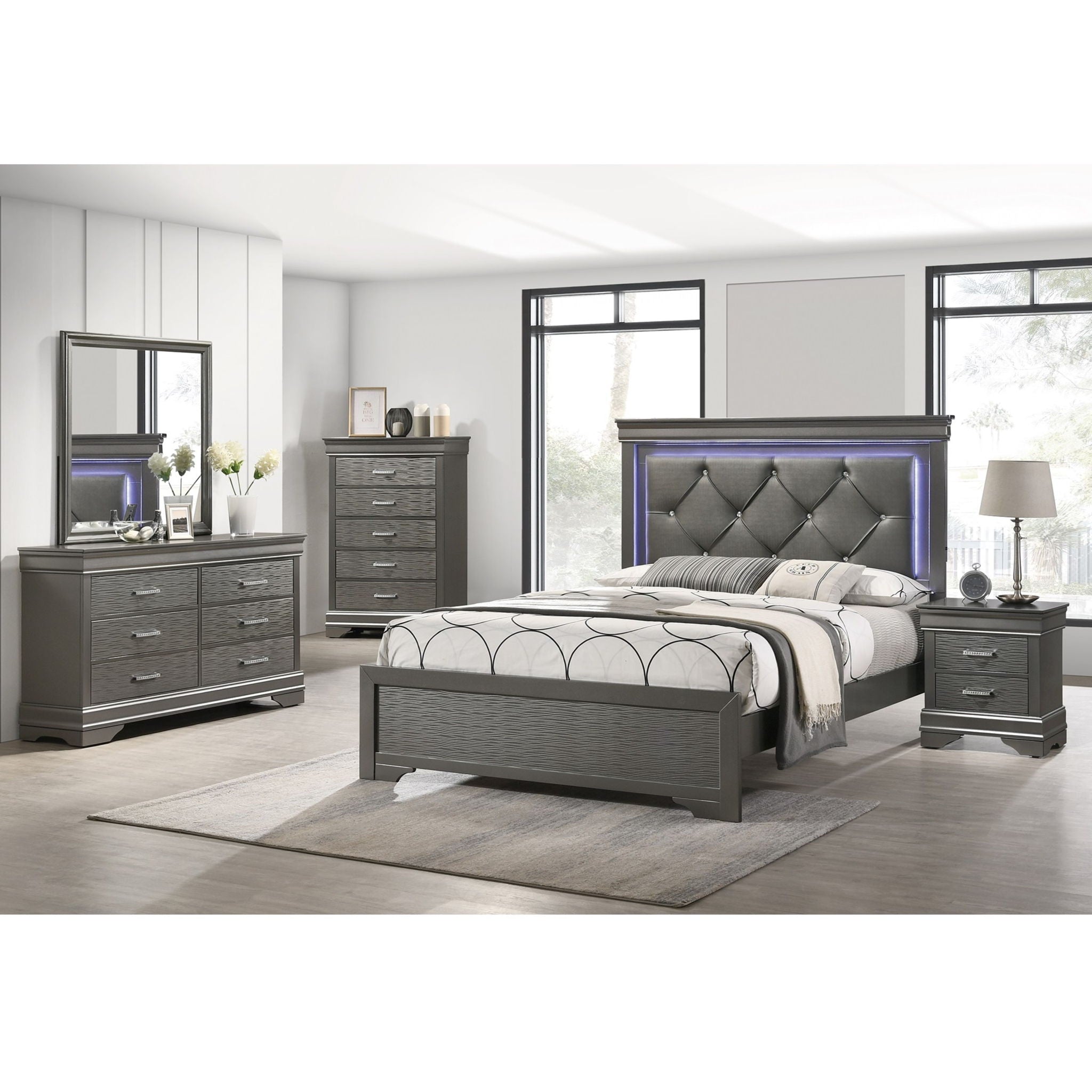 Tufted Headboard Bed With LED Lighting