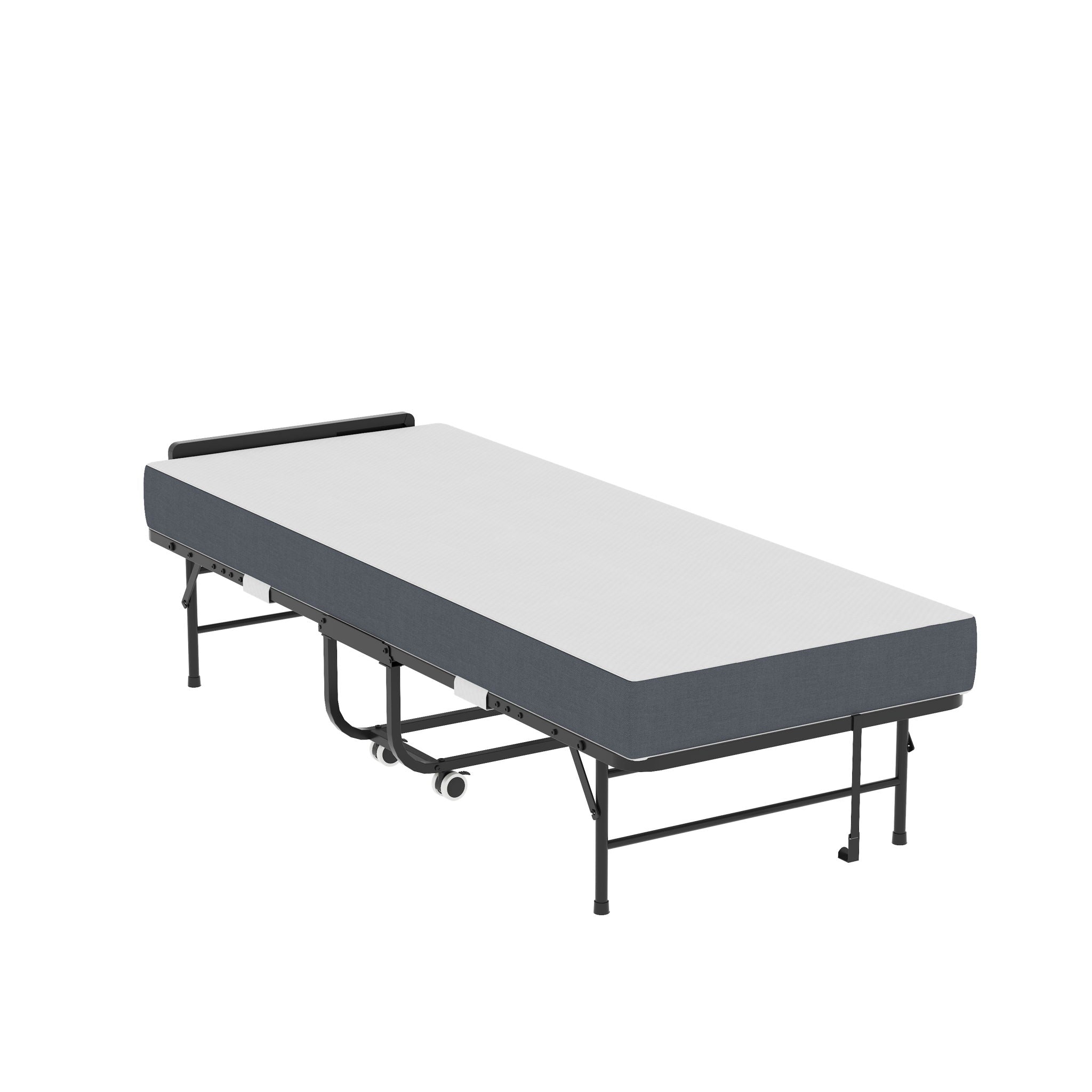 Twin Folding Bed With Adjustable Headboard & Memory Foam, Space Saving Rollaway Guest For Tall People, Portable On Wheels, Easy Assembly - Black