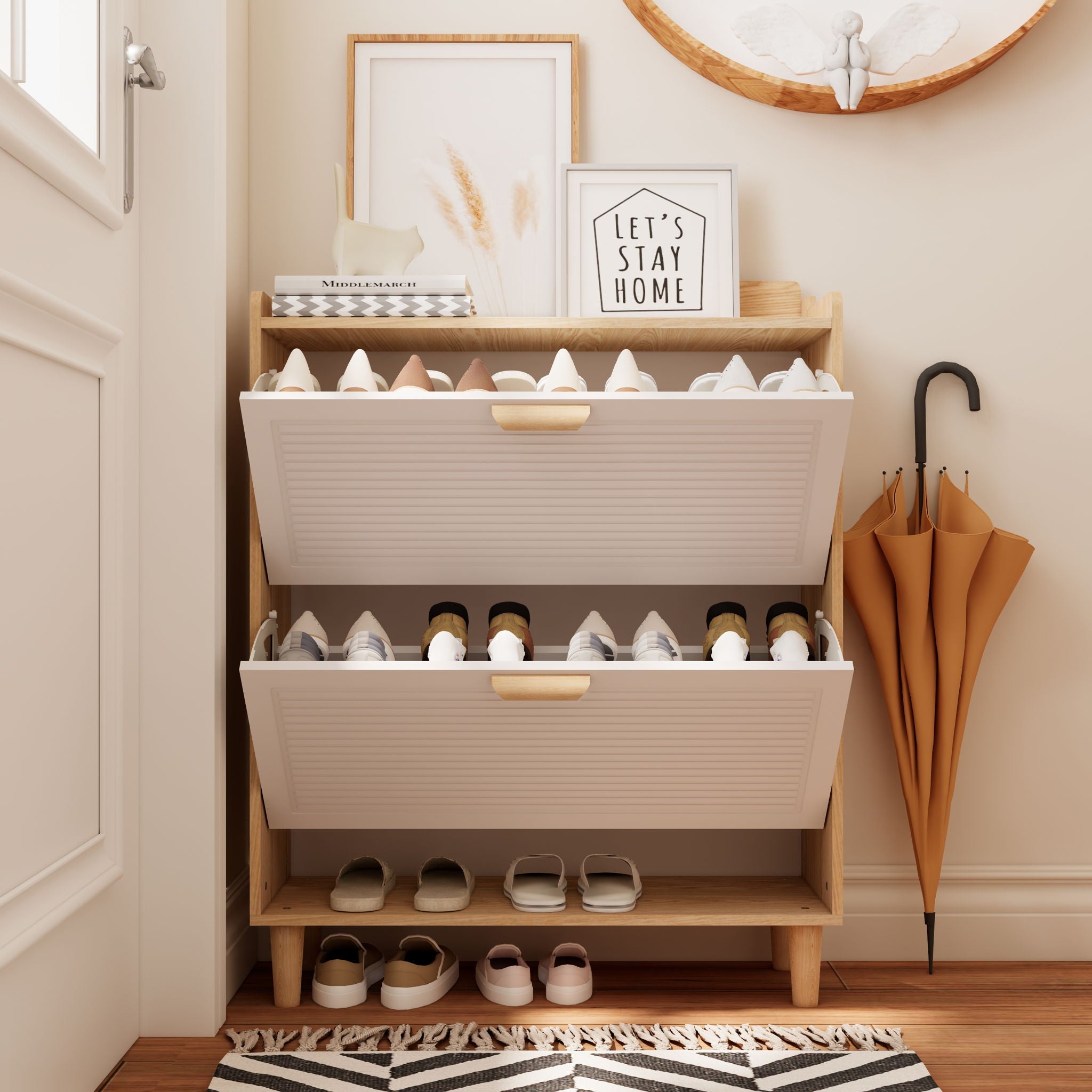 Shoe Storage Cabinet With 2 Flip Drawers, Compact Entryway Organizer - Natural / White