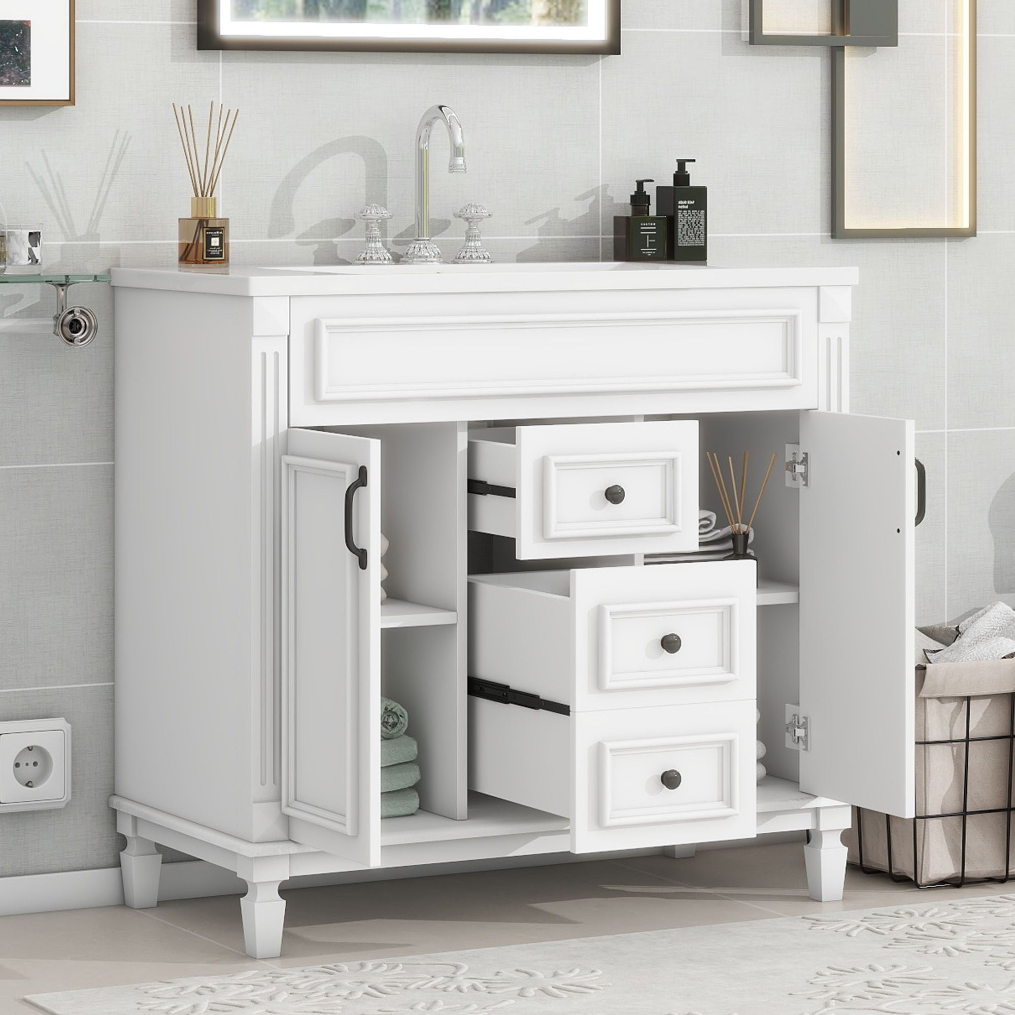 Bathroom Vanity With Top Sink, Basin On Cabinet With 2 Soft Closing Doors And 2 Drawers