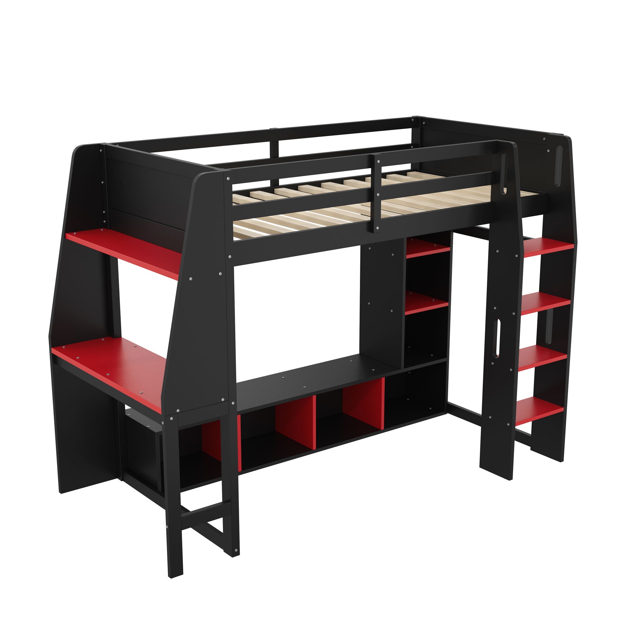 Gaming Loft Bed With Desk, Multi Storage Shelves, LED Lighting, And Hanging Clothes Rack