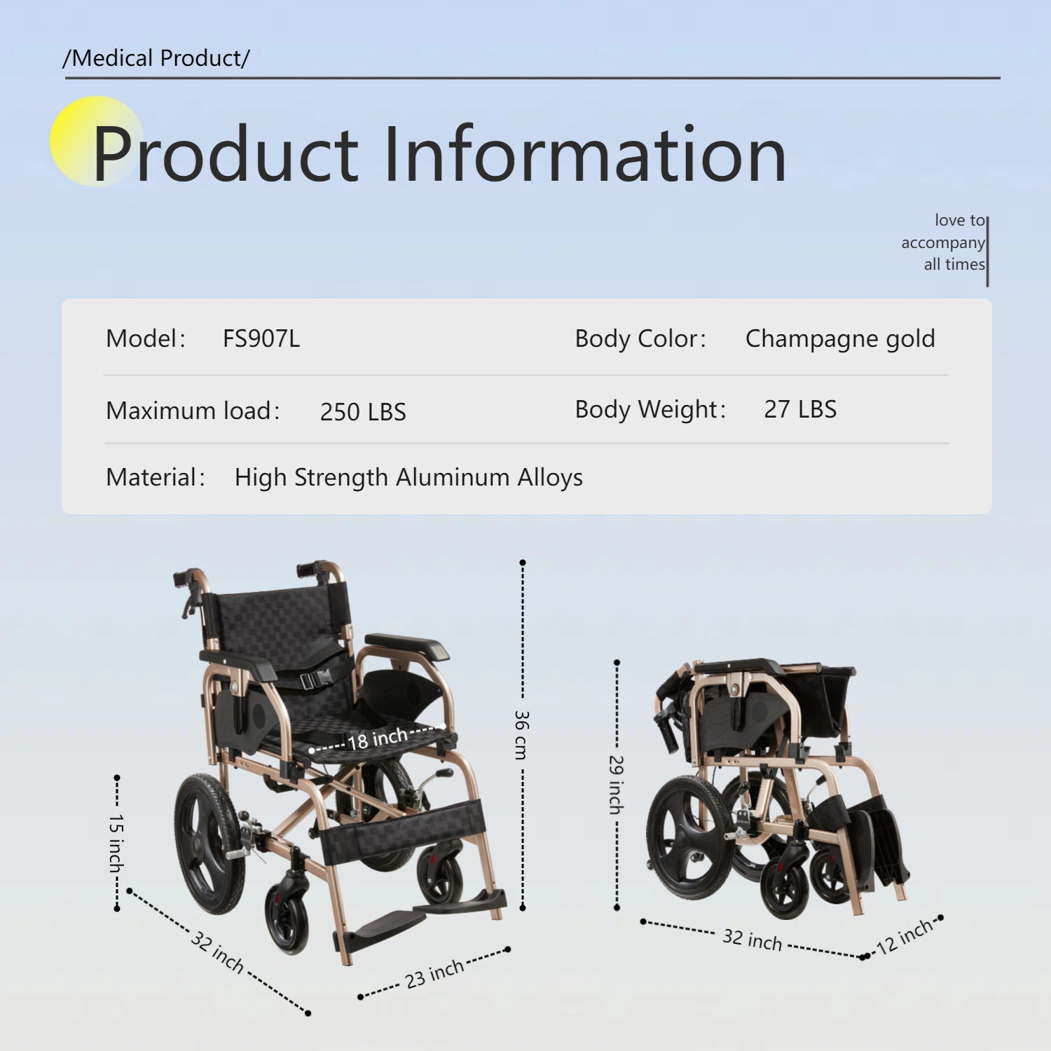 Lightweight Foldable Transport Wheelchair For Adults, Square Tube Design