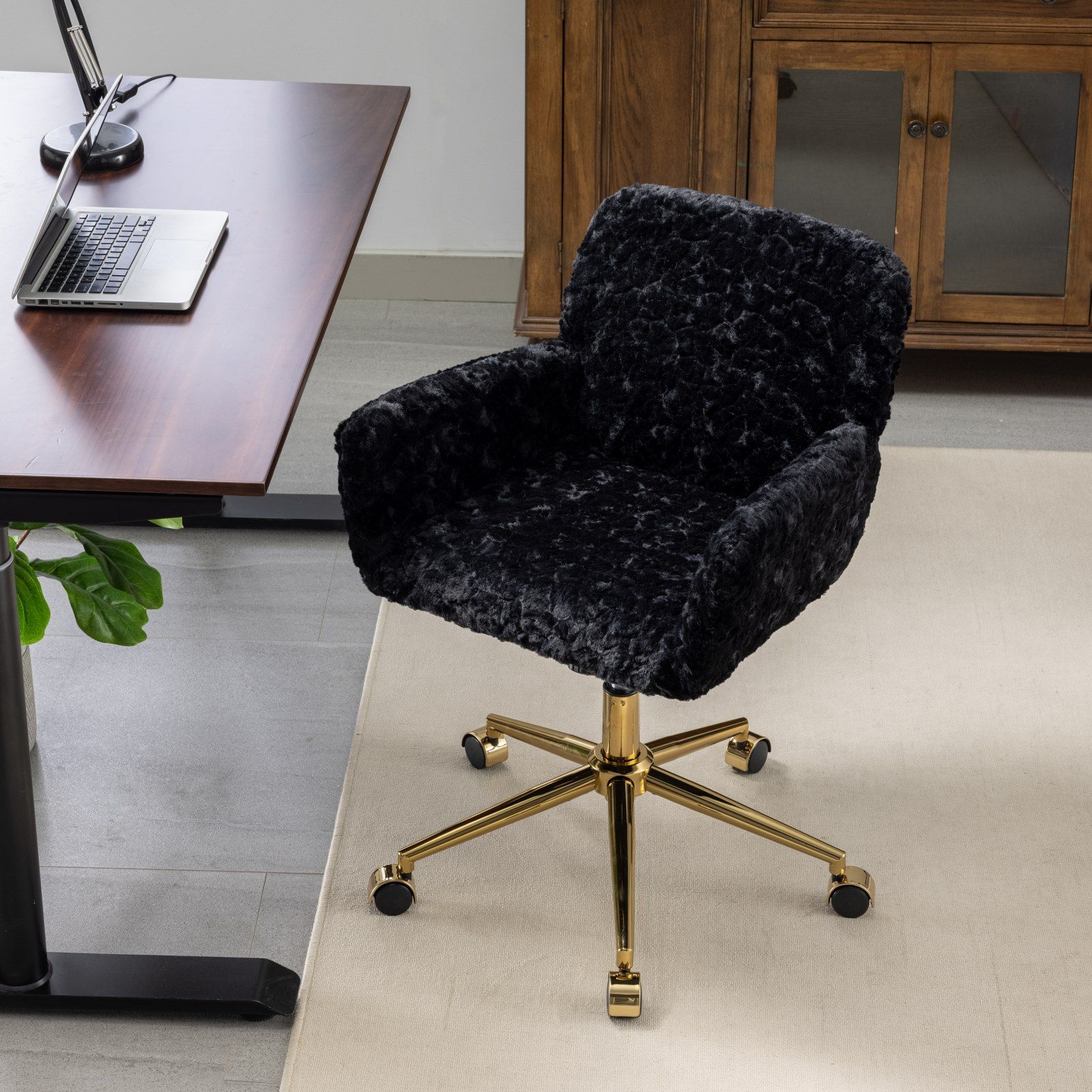Office Chair, Artificial Rabbit Hair Home Office Chair With Metal Base, Adjustable Desk Chair Swivel Office Chair, Vanity Chair