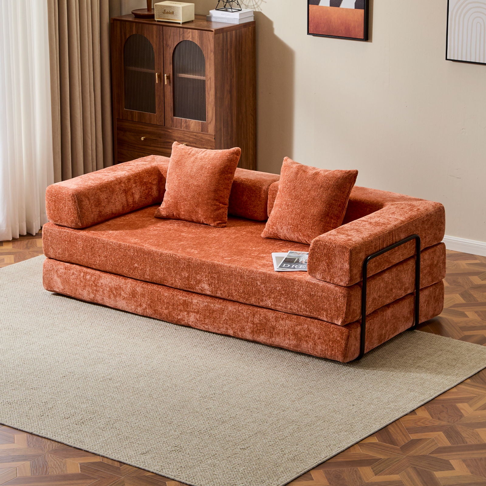 Convertible Floor Sofa Bed With Pillow Back Support Armrest