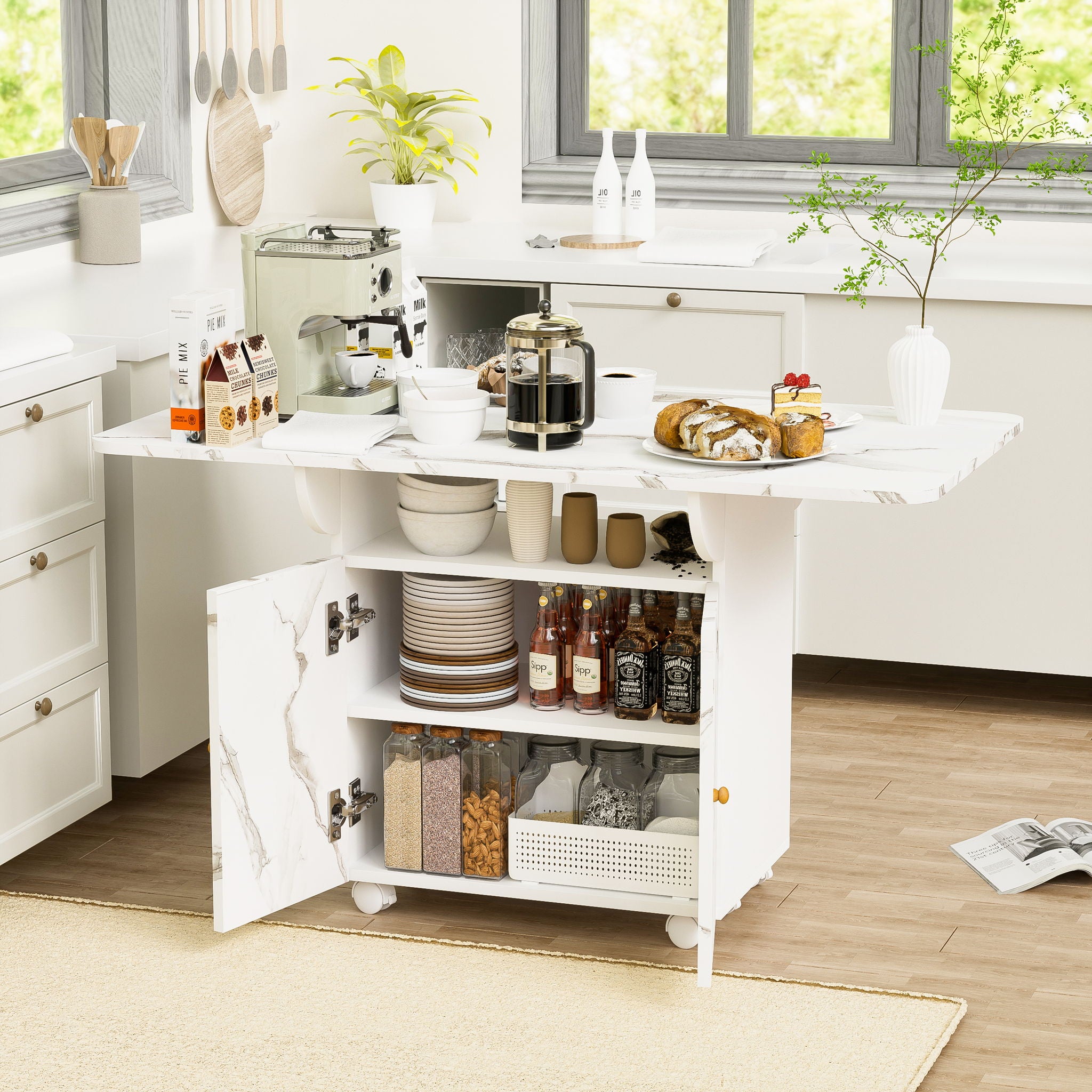 Versatile Marble Folding Dining Table With Storage Rack And Cabinet, 6 Wheels - White