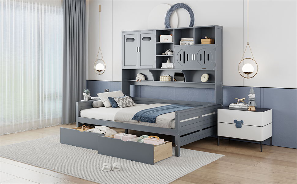 Daybed With All-In-One Cabinet And Shelf