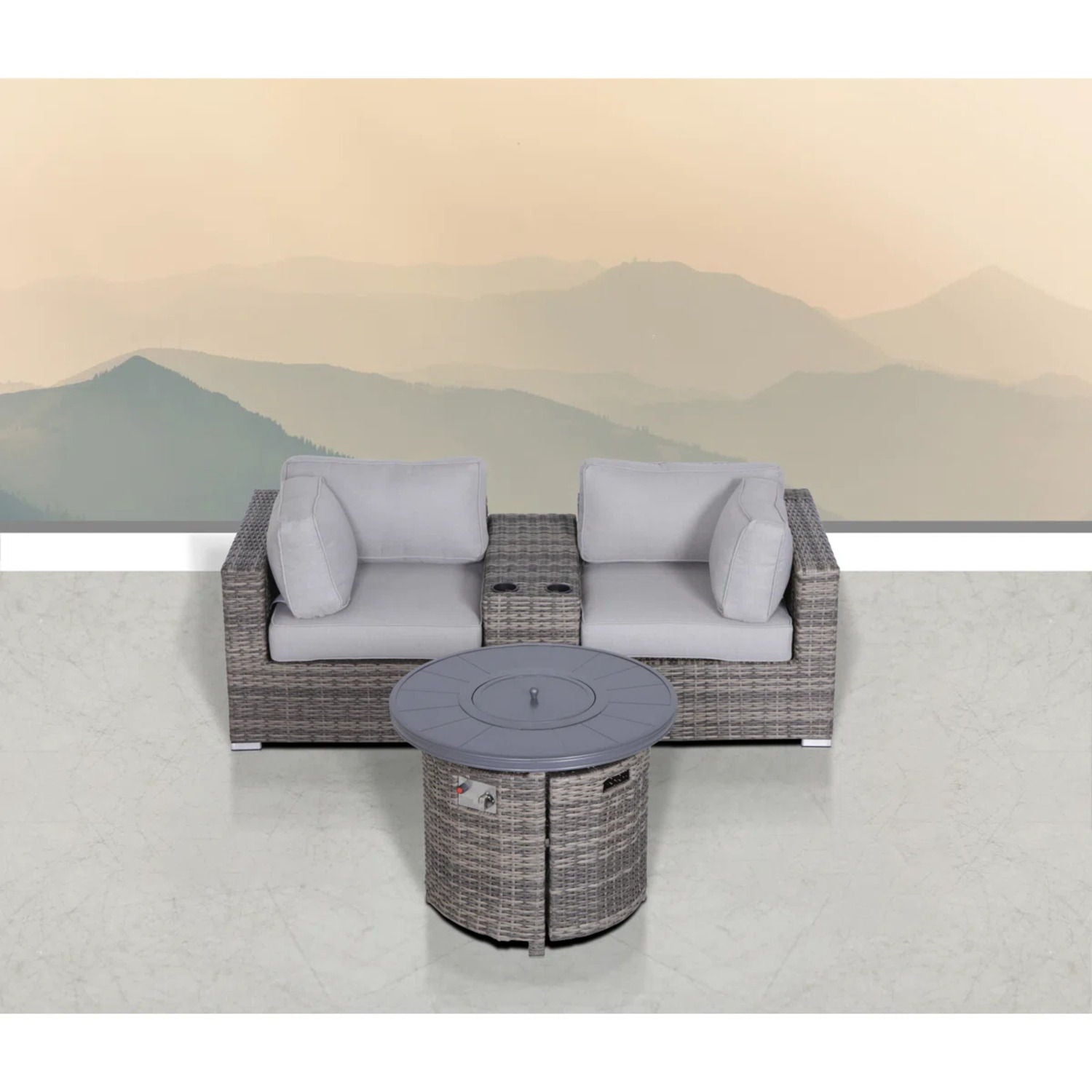 Rattan Patio Set With Comfortable Cushions And Fire Pit