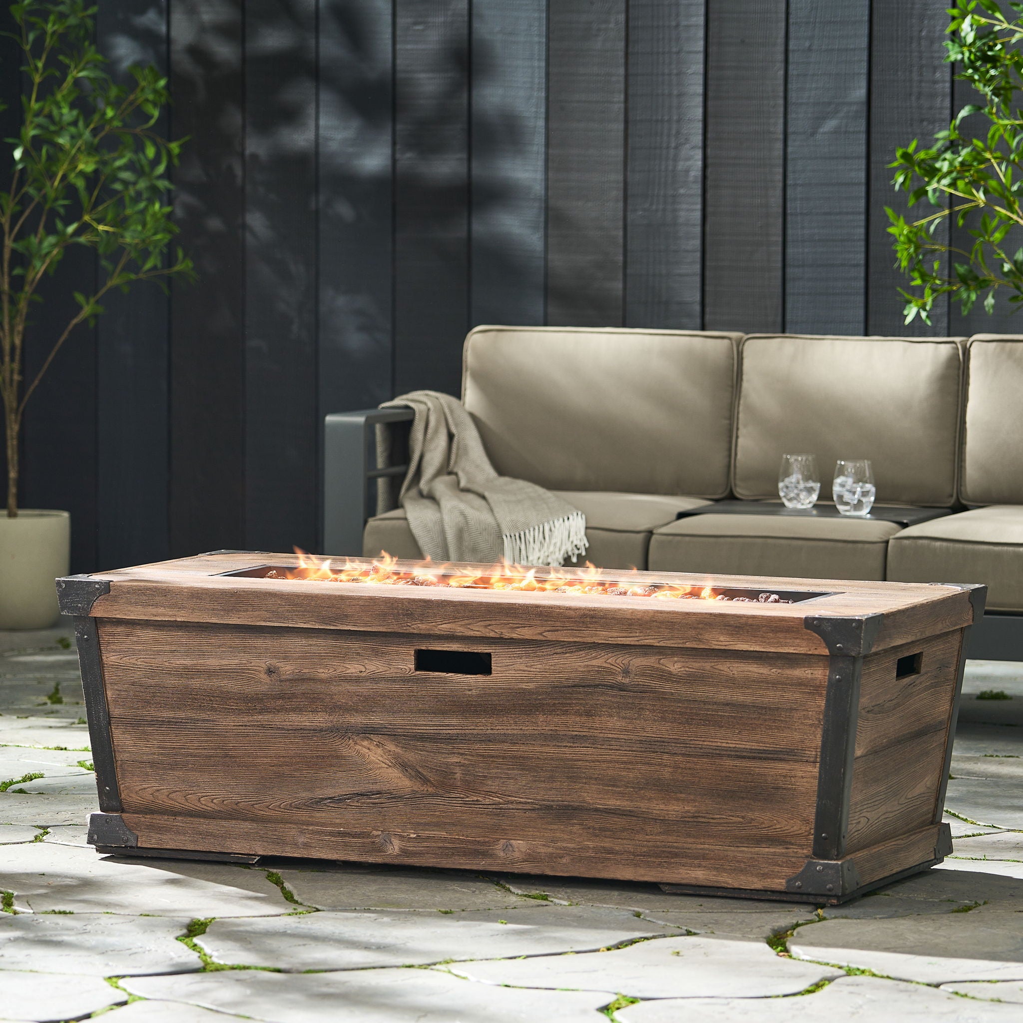 Outdoor Patio Rectangle Gas Burning Fire Pit 50, 000 Btu, Wood Pattern - Brown