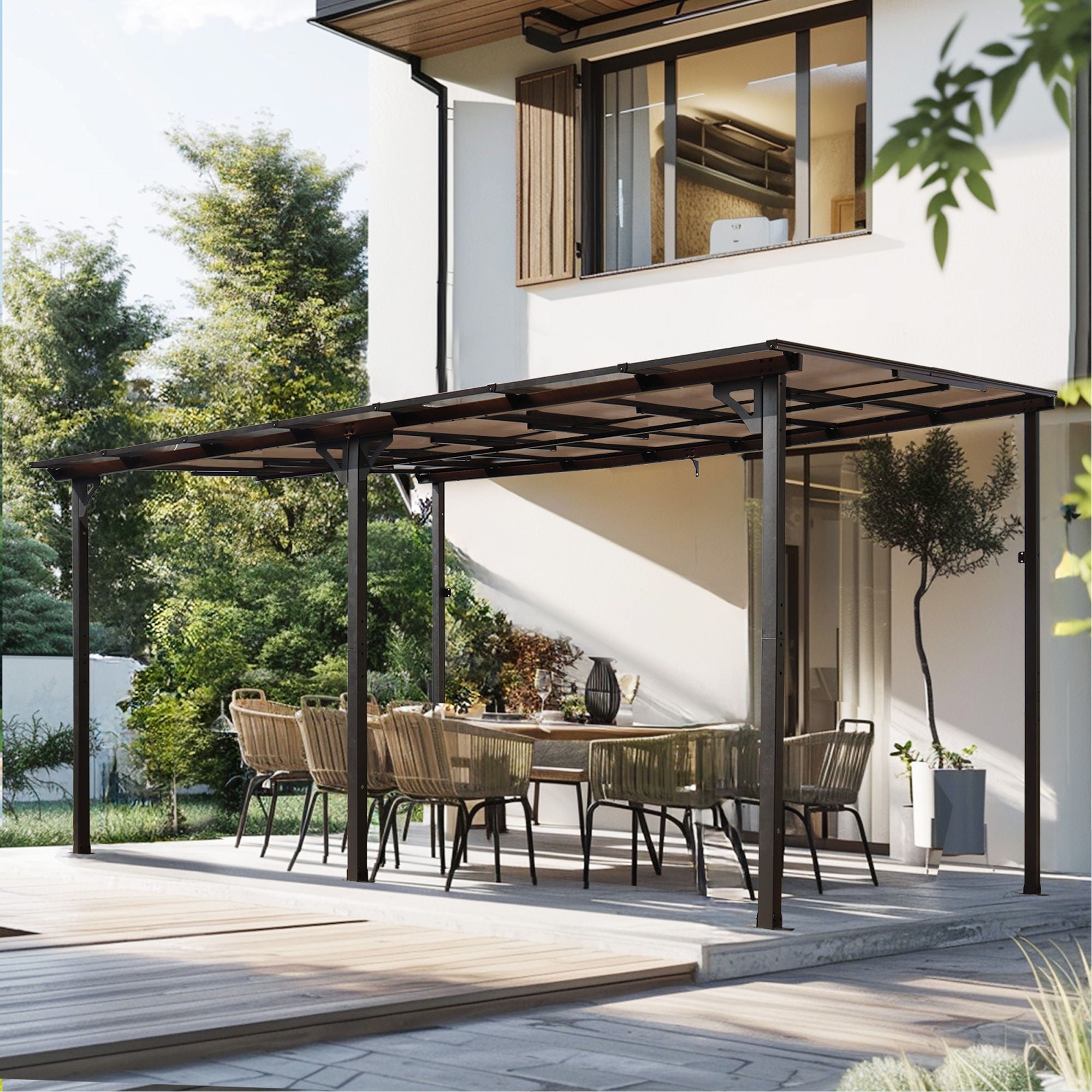 Wall Mounted Outdoor Pergola Gazebo, Heavy Duty Metal Awning With Roof
