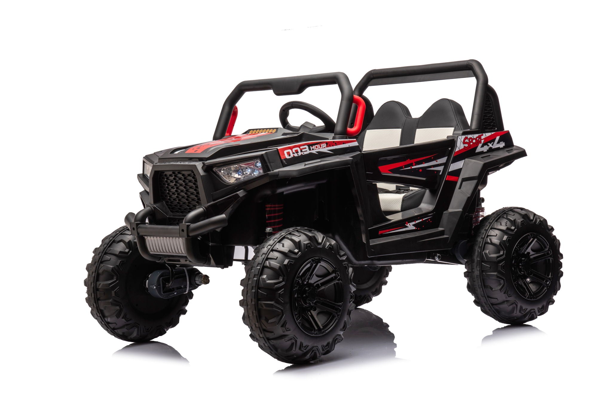12V7A*1 30W*4 Four-Wheel Drive Seat One Button Start, Forward And Backward, High And Low Speed, Music, Front Light, Power Display, Two Doors Can Open, 2.4G R / C, Seat Belt Four Wheel Absorber