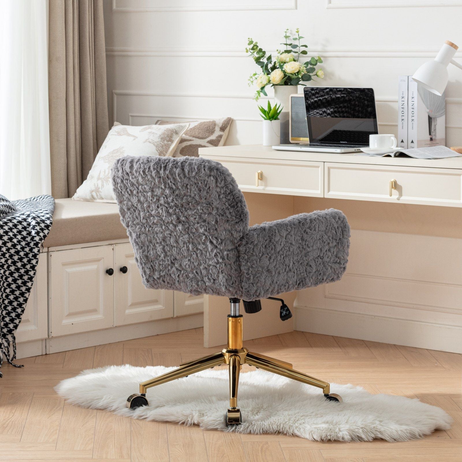 Office Chair, Artificial Rabbit Hair Home Office Chair With Metal Base, Adjustable Desk Chair Swivel Office Chair, Vanity Chair