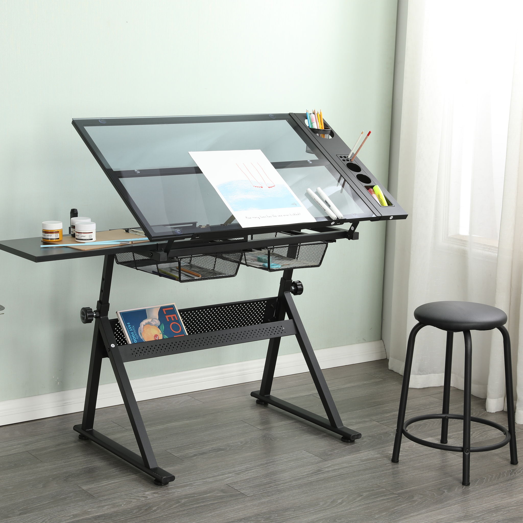Adjustable Tempered Glass Drafting Printing Table With Chair