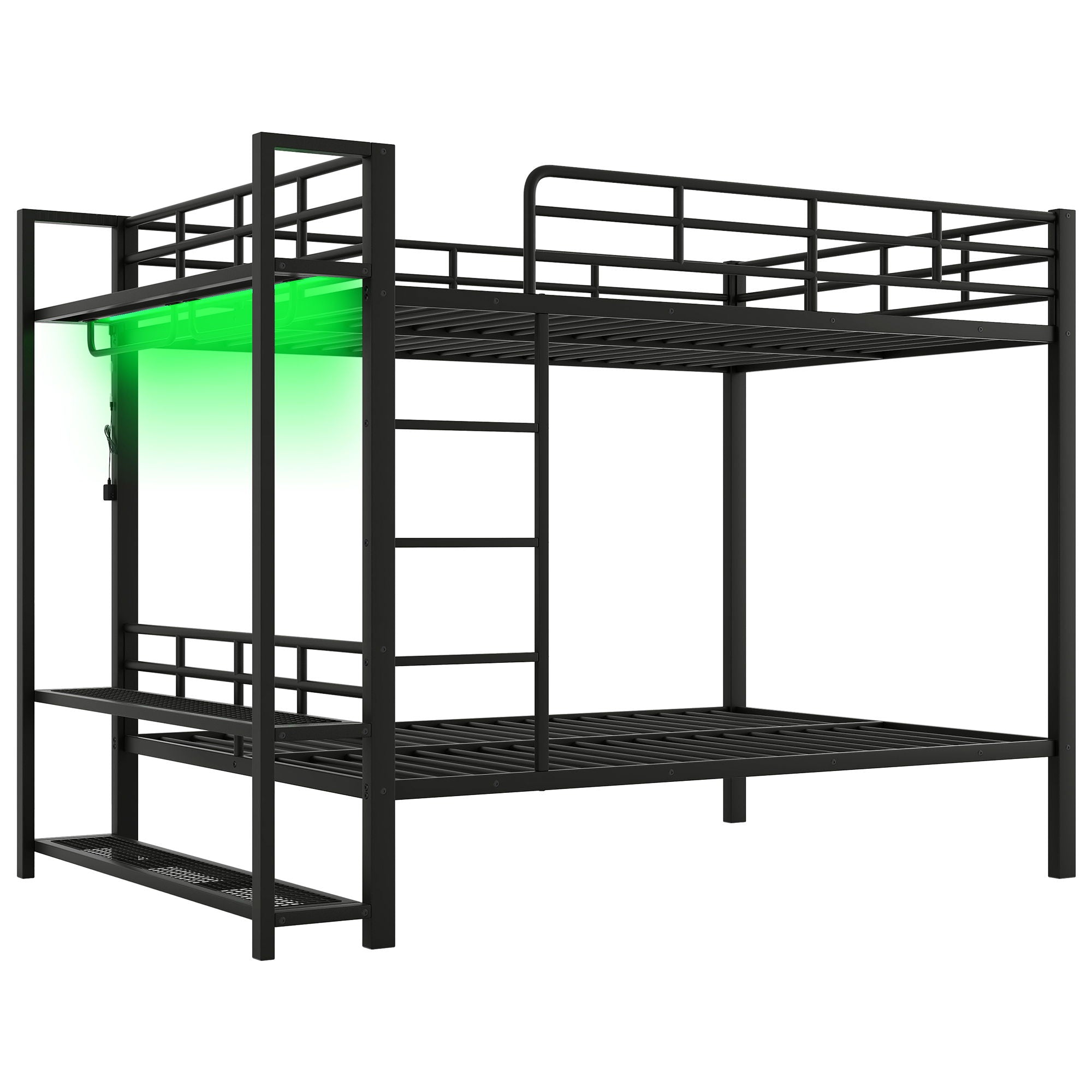 Bunk Bed With Storage Shelves, Clothes Hooks, LED Light