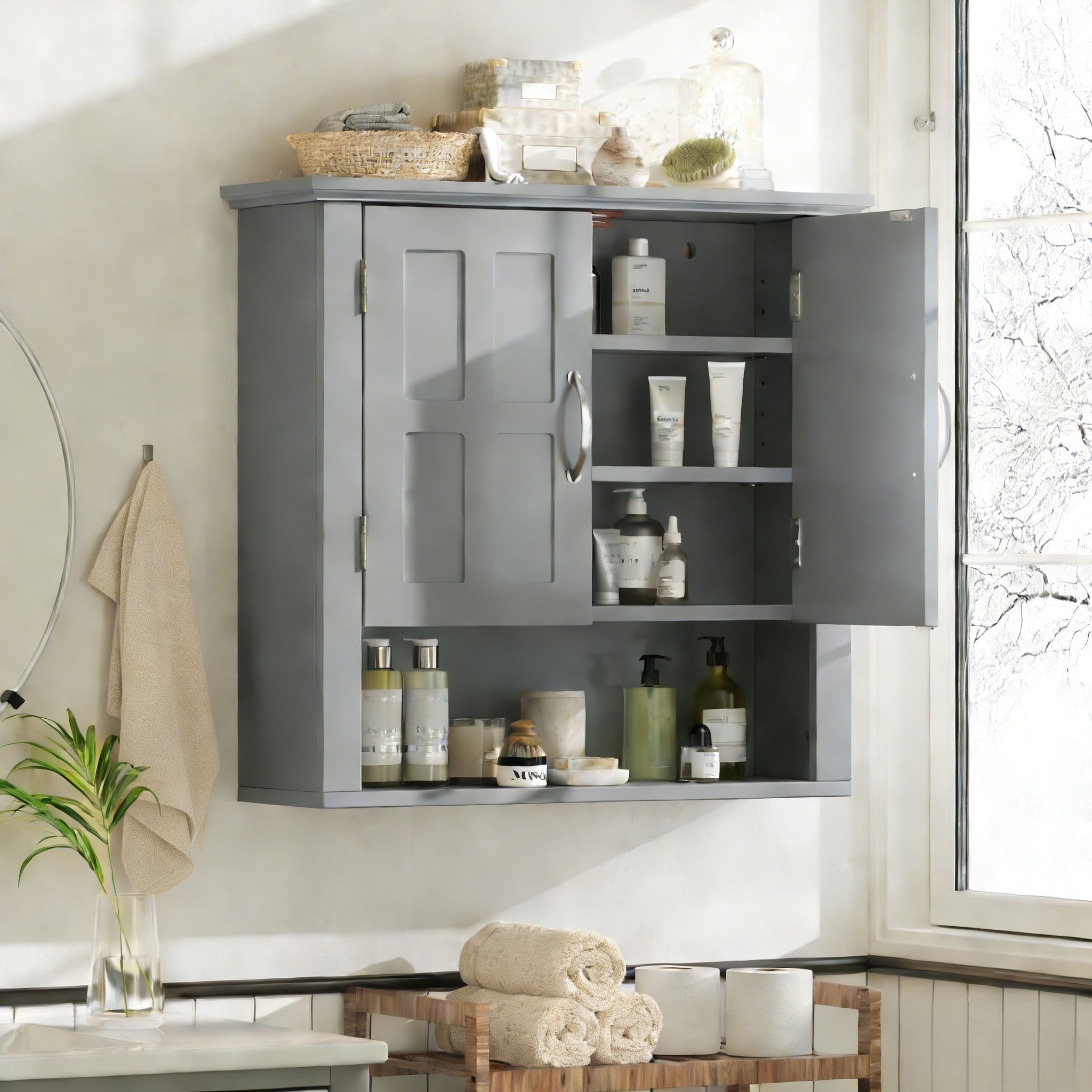 Multi Functional Wall Mounted Cabinet With Adjustable Shelves For Bathroom