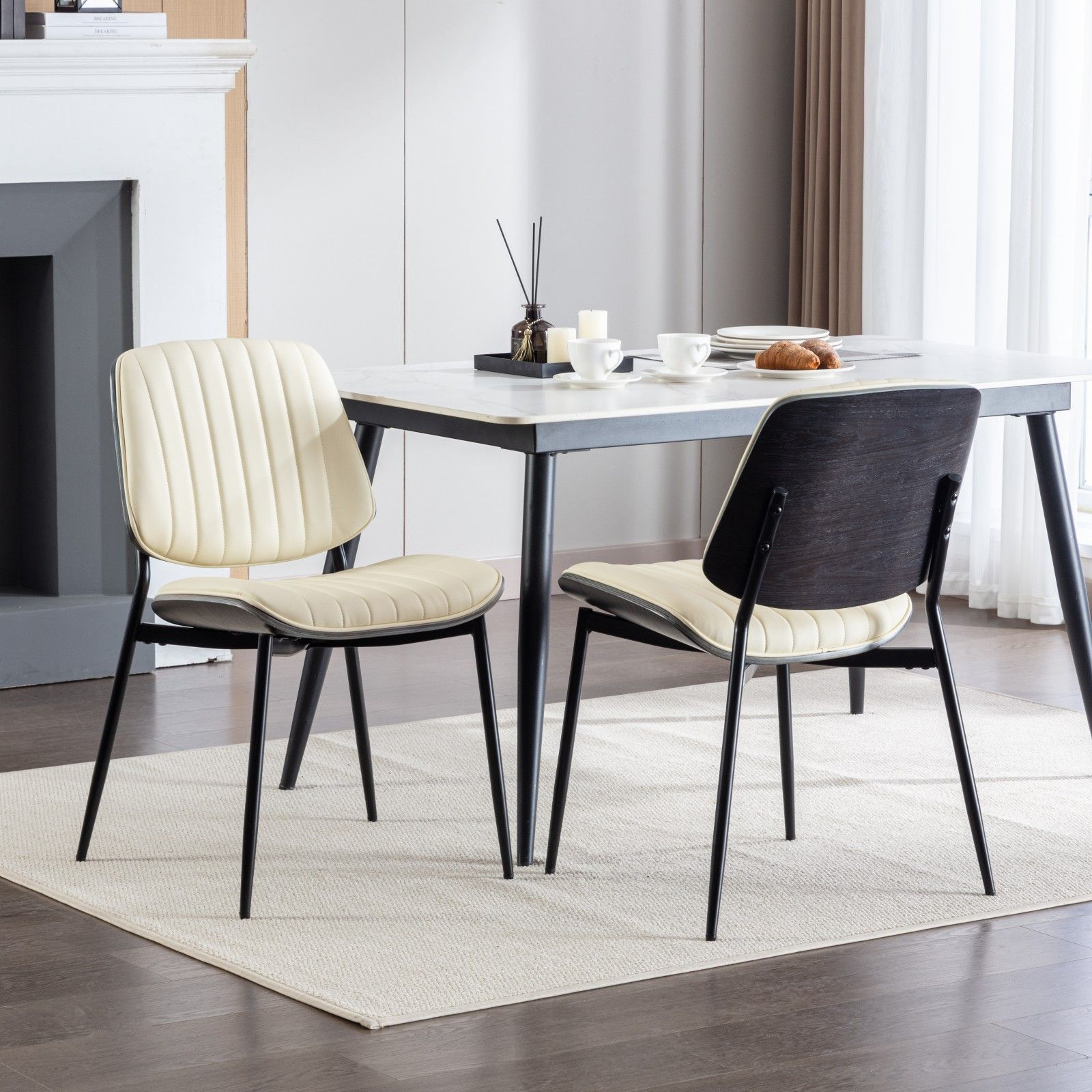 Dining Chairs (Set of 2) Mid-Century Modern Retro Chair With Walnut Bentwood Back Upholstered Seat Metal Legs Adjustable Foot For Kitchen Dining Room Chairs