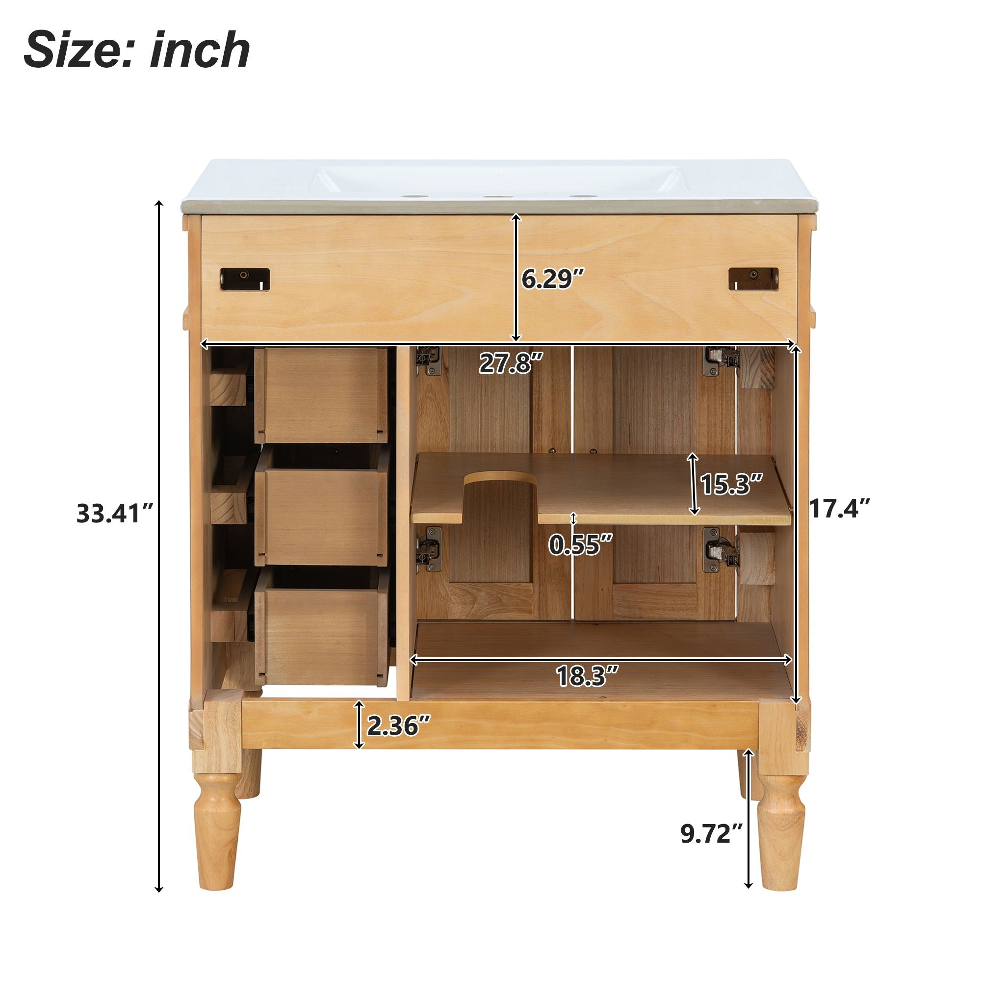 Modern Bathroom Vanity With Ceramic Sink, Soft Close Doors, Adjustable Shelves