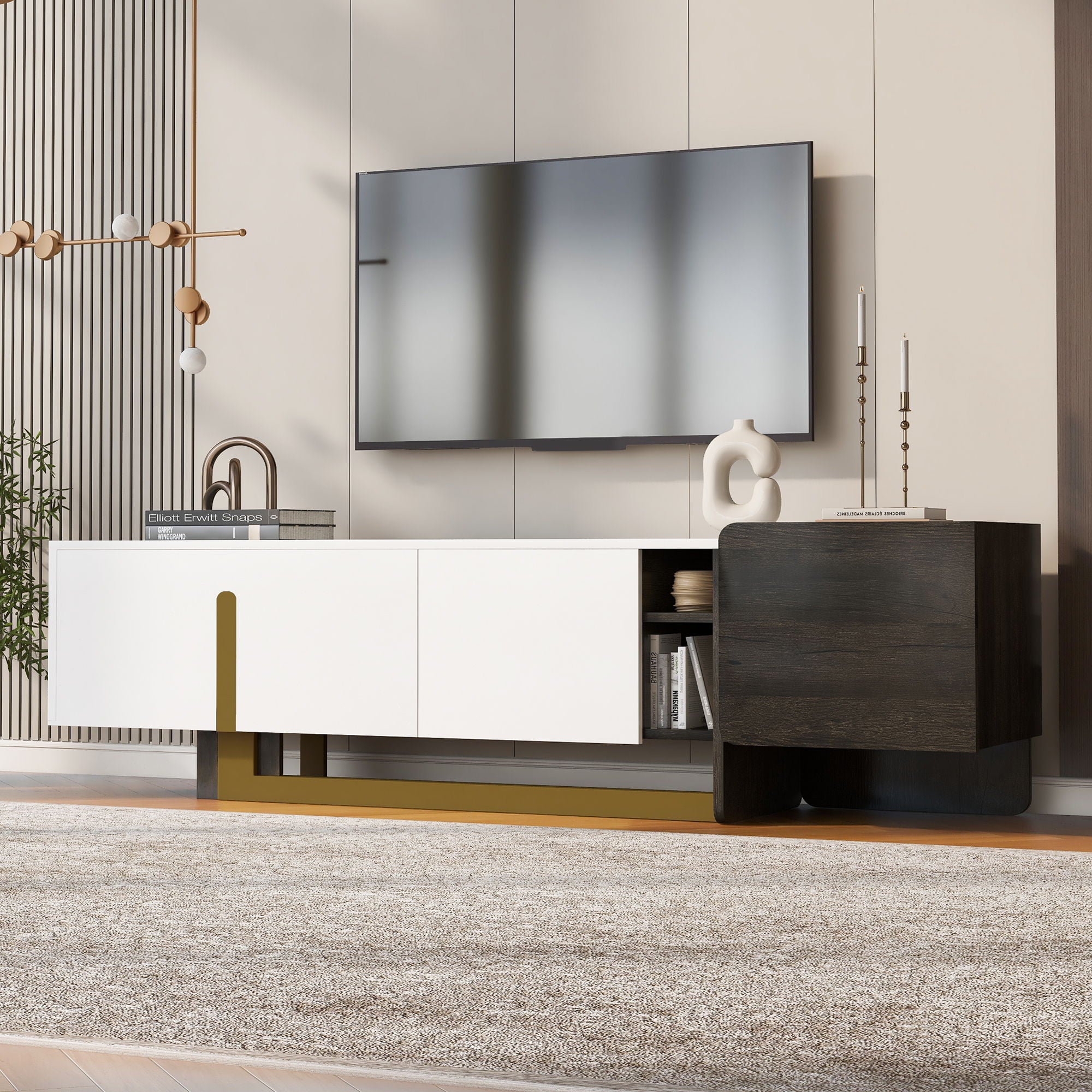 TV Stand With 1 Drawer, 2 Cabinets And Adjustable Shelves