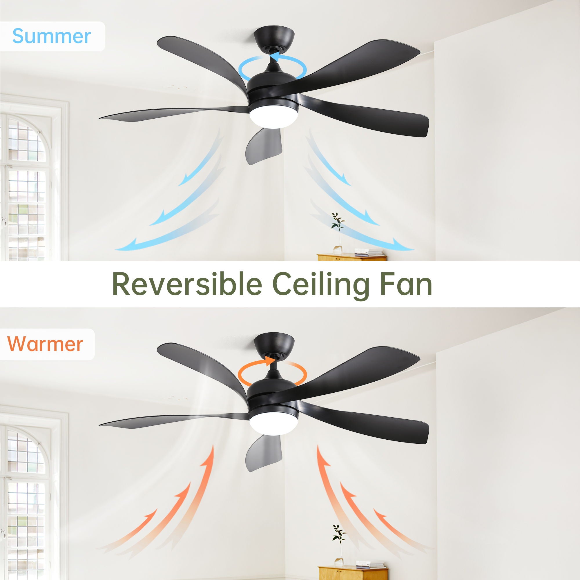 Ceiling Fan With 3 Color Dimmable 5 Blades Remote Control Reversible DC Motor And LED Light - Black