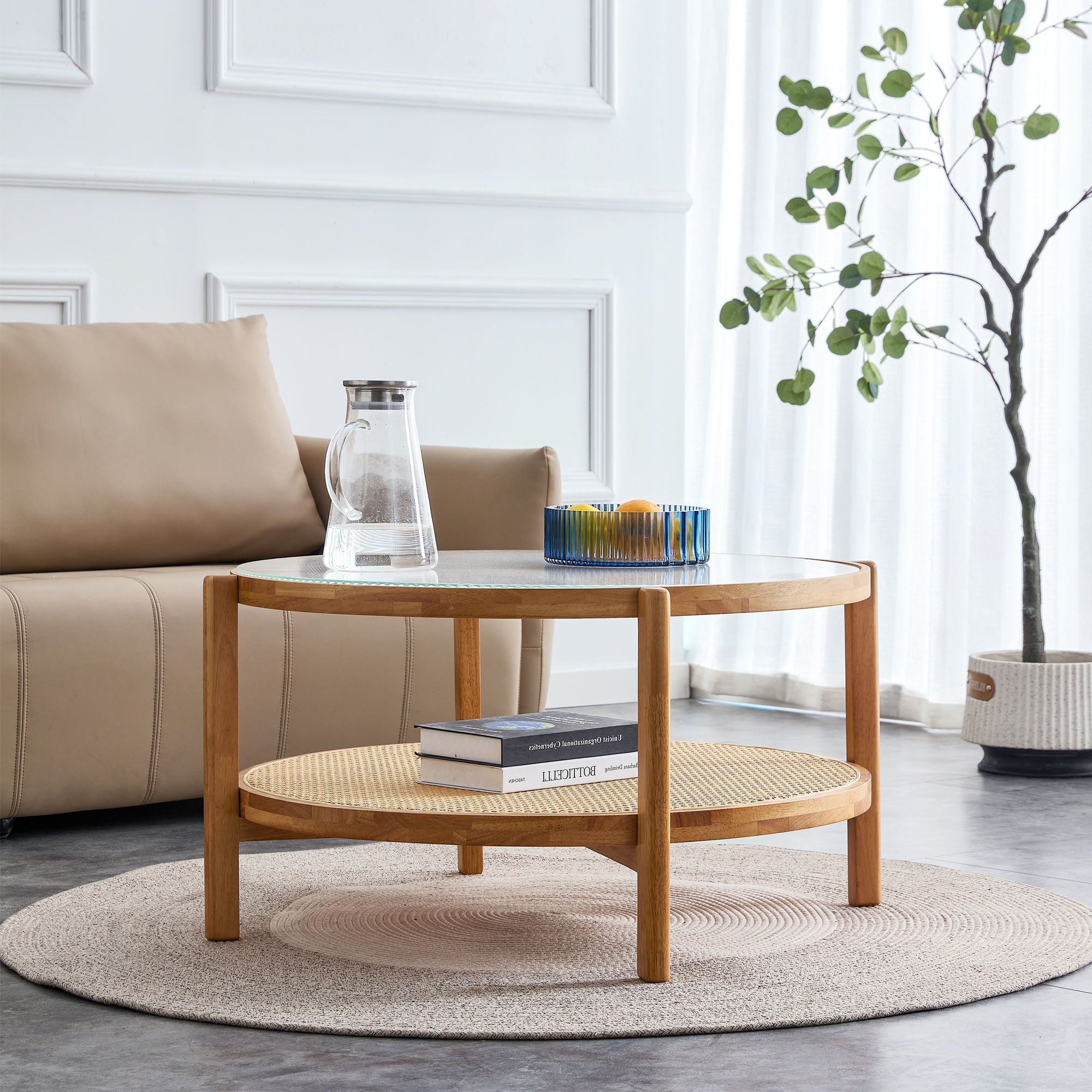 Modern Style Circular Double Layer Tea Table With Rattan Weave
