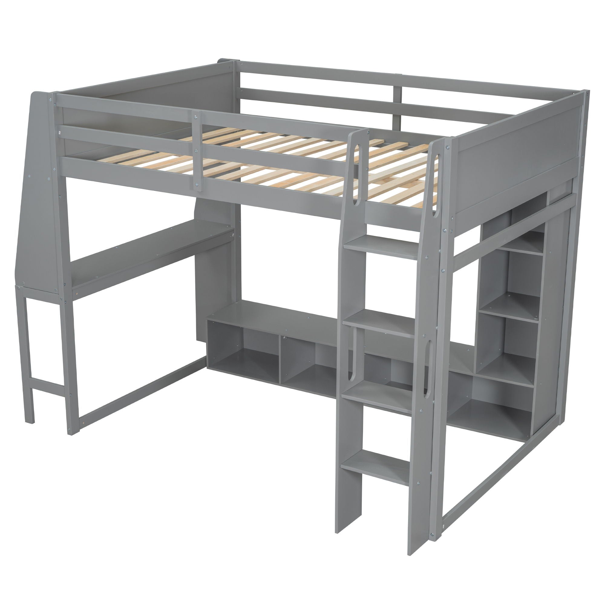 Gaming Loft Bed With Desk, Multi Storage Shelves, LED Lighting, And Hanging Clothes Rack