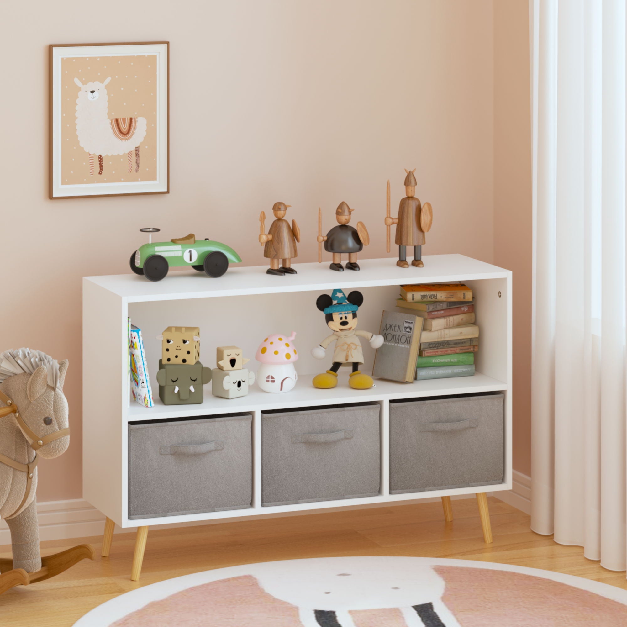 Bookcase With Collapsible Drawers, Book Display Organizer