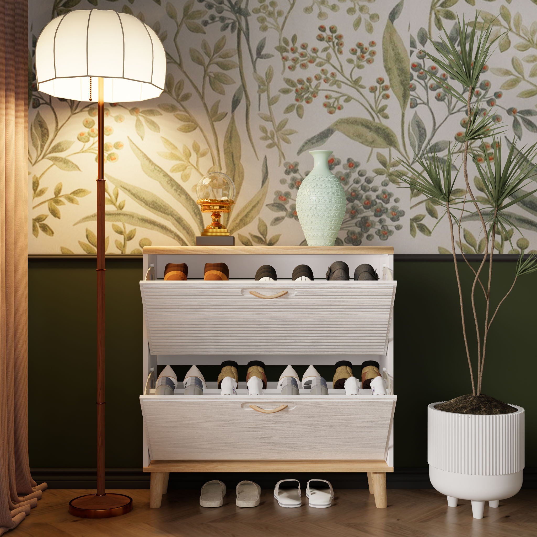 Narrow - Entryway Shoe Storage Cabinet With 2 Flip Drawers Legs - Natural / White