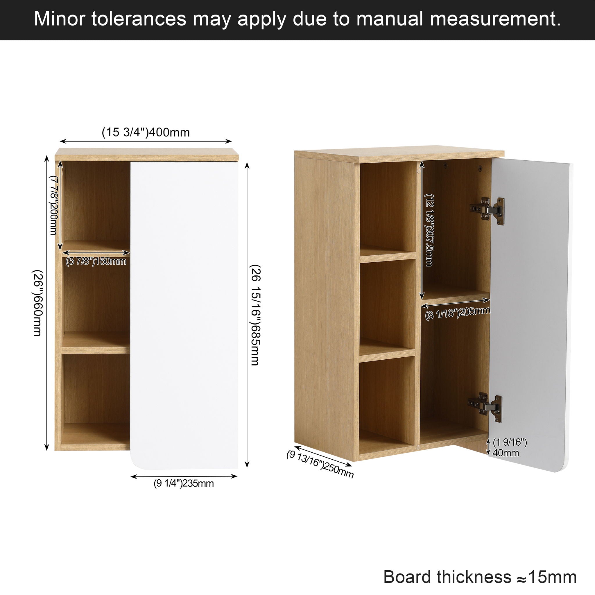 Wall Mounted Bathroom Side Cabinet, Single Door With 3 Tier Open Shelves - Black / Light Oak / White