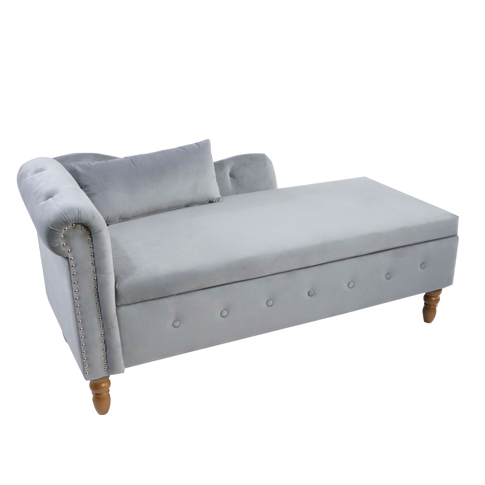 Chaise Lounge Indoor, Lounge Chair For Bedroom With Storage & Pillow, Modern Upholstered Rolled Arm Chase Lounge For Sleeping With Nailhead Trim For Living Room Bedroom Office
