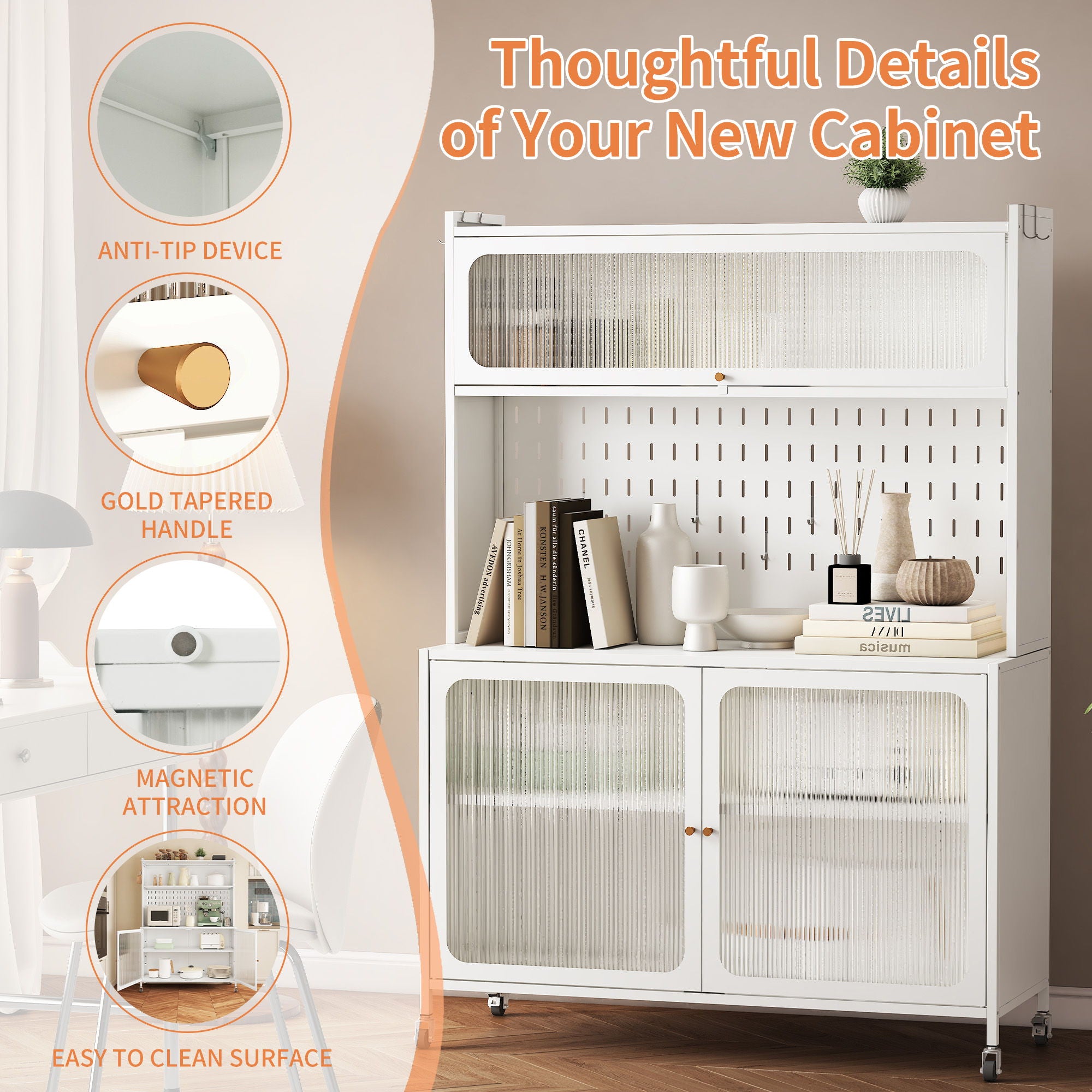 Contemporary Kitchen Pantry Cabinet With Glass Doors, Adjustable Shelves, Steel - Brushed Nickel