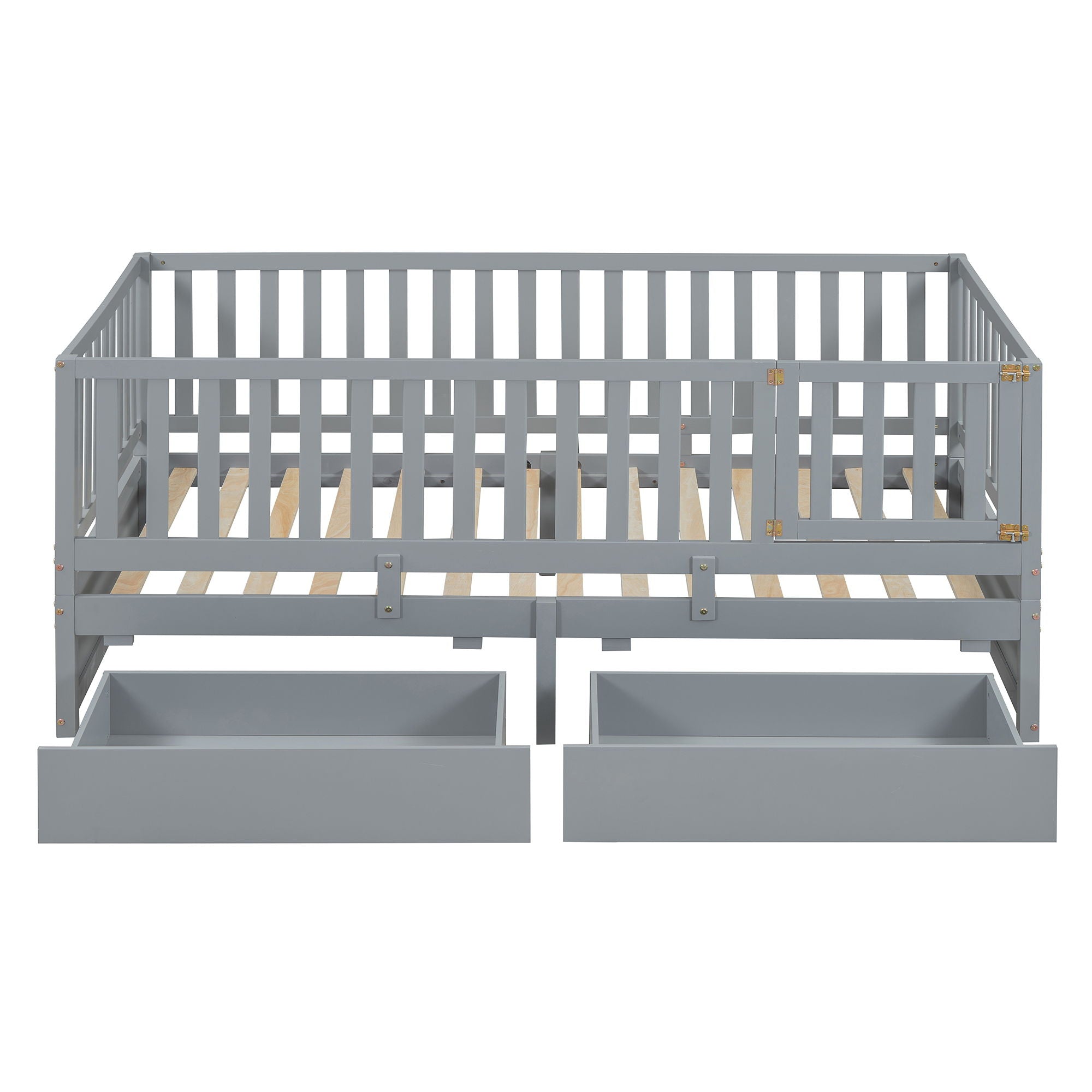 Daybed With Fence Guardrails And 2 Drawers, Split Into Independent Floor Bed & Daybed