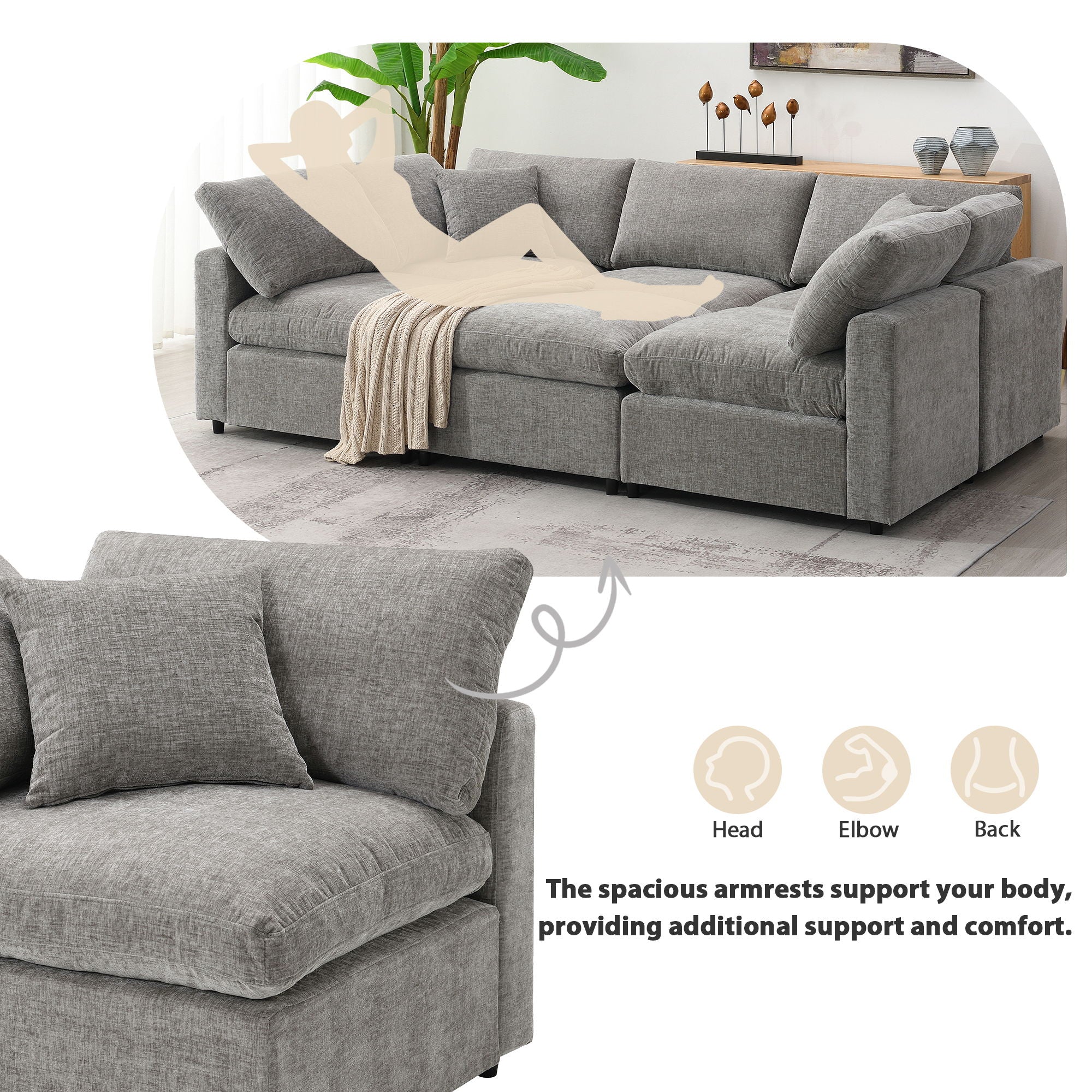Modern Modular Cloud Sofa Bed, 6 Seat Sectional Couch Set With Ottoman, Free Combination, Convertible U Shaped Sleeper Sofa For Living Room