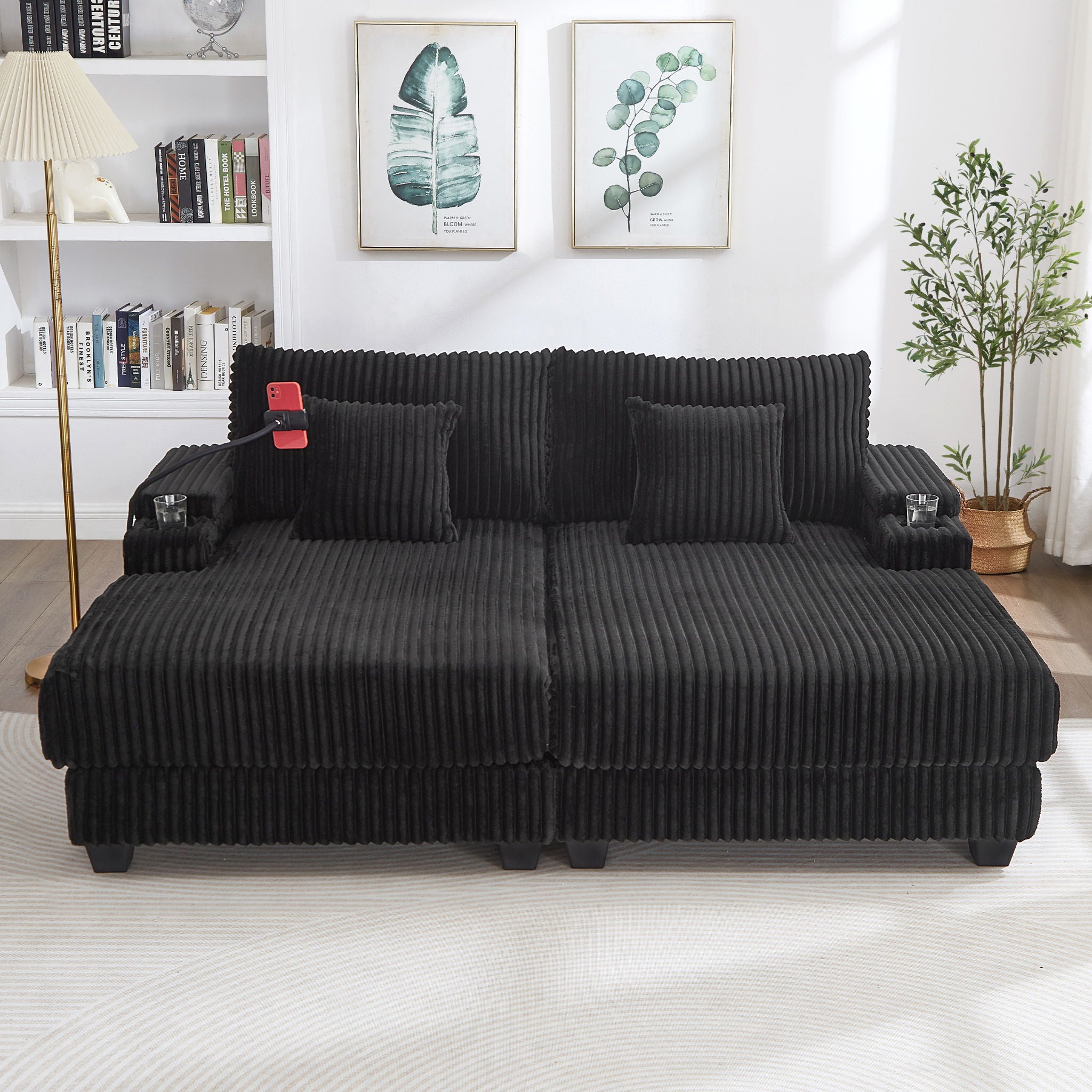 Modern Chaise Sofa With Adjustable Backrest, Cup Holders, Phone Holder & Storage Compartments For Living Room