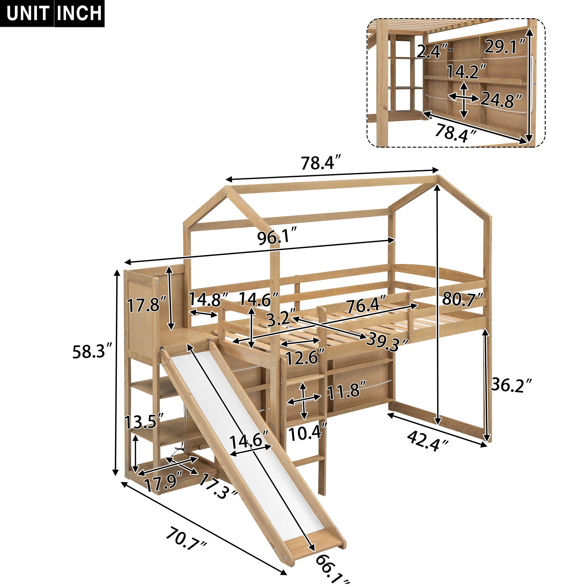 House Loft Bed With Slide, Storage Shelves And Light, Climbing Ramp