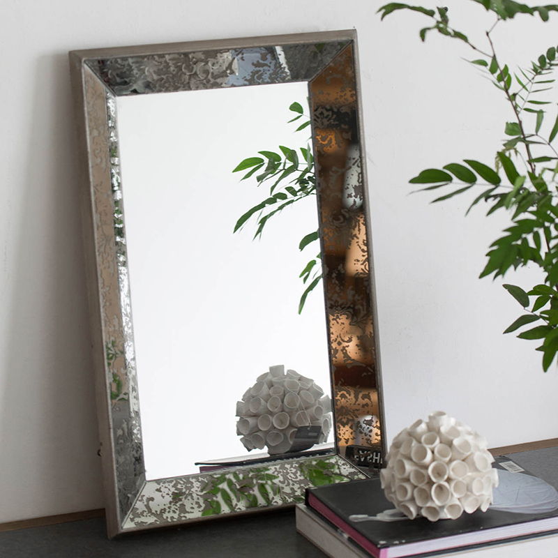 Antique Rectangle Mirror With Floral Accents, Mirrored Display Tray, Hanging Wall Mirror