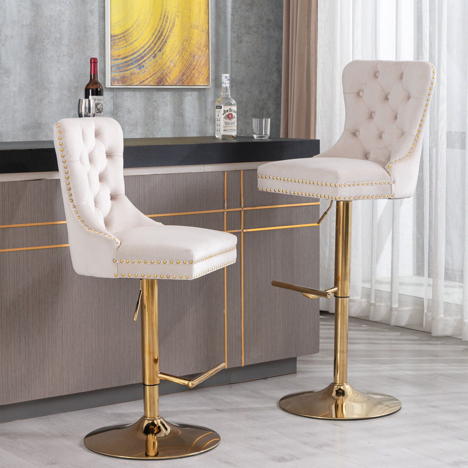Thick Swivel Barstools Adjusatble Seat Height From 25-33", Modern Upholstered Bar Stools With Backs Comfortable Tufted For Home Pub And Kitchen Island (Set of 2)