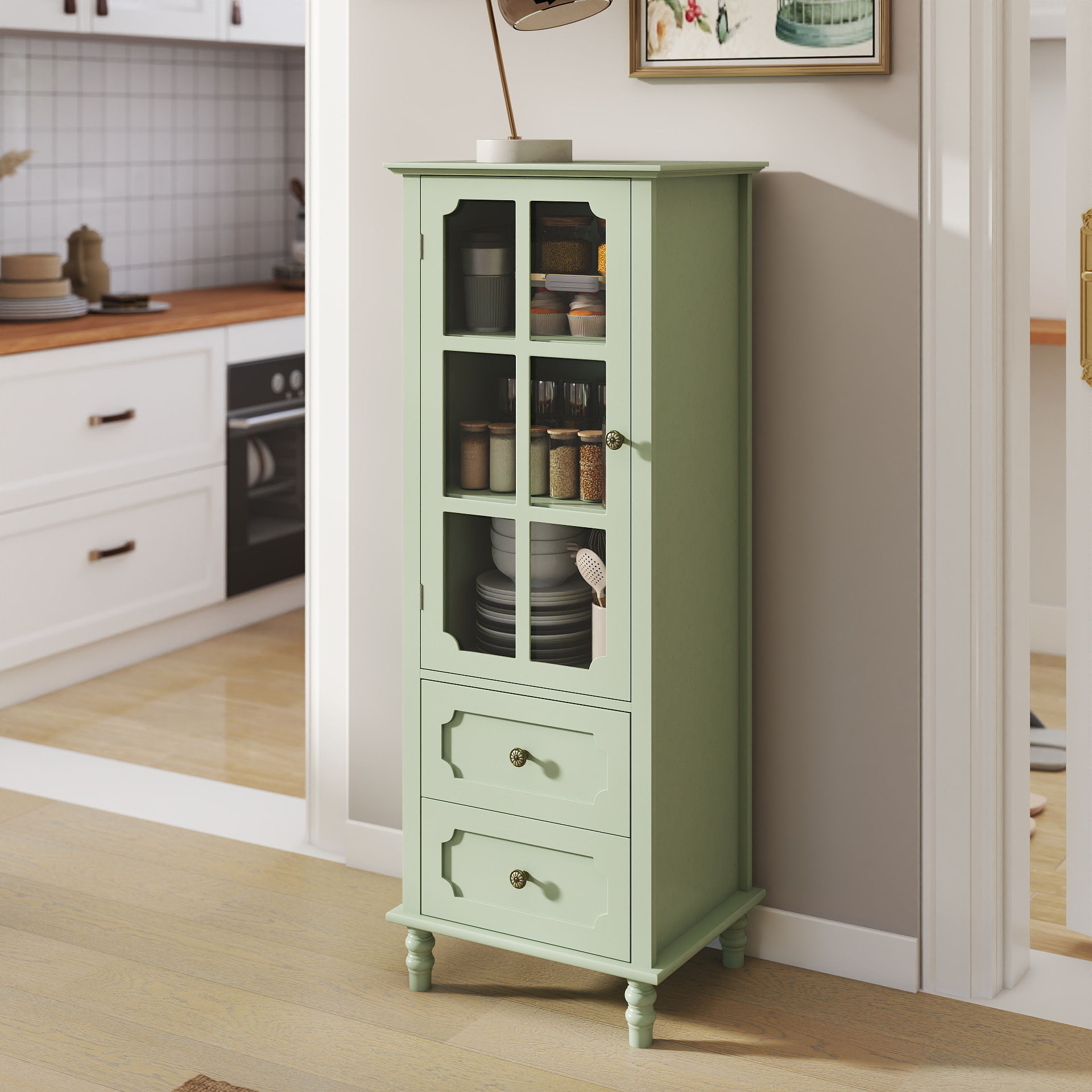 Minimalism Buffet Cabinet With Glass Doors And Double Drawer