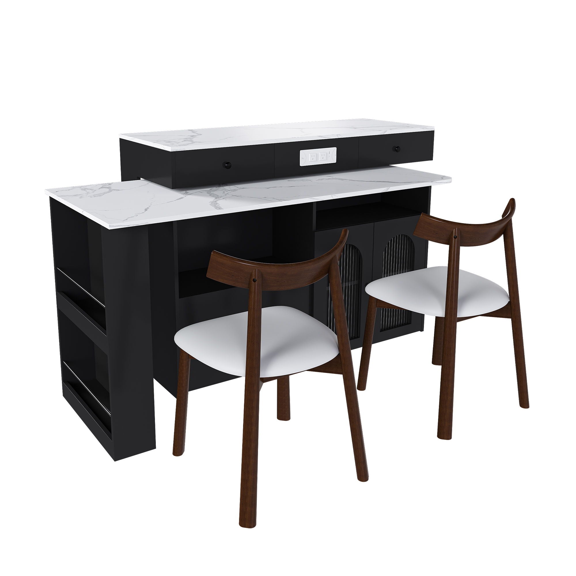 Retro Kitchen Island Set With Chairs, Extendable & Rotating Table, 4 Drawers & Door Cabinets