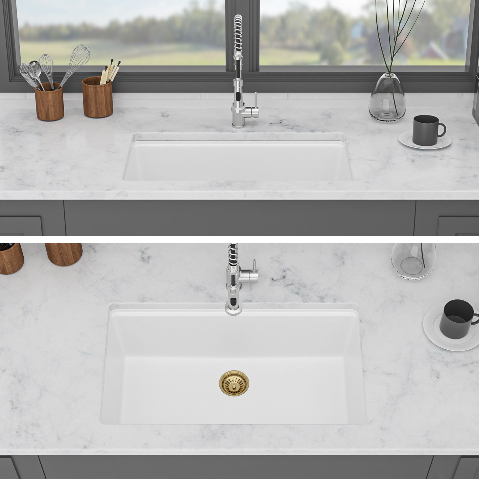 Quartz Composite Kitchen Sink With Undermount Design, Durable Single Bowl Workstation