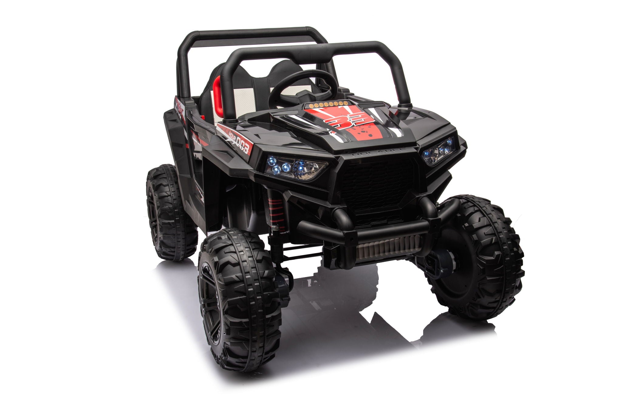 12V7A*2 30W*4 Four-Wheel Drive Seat One Button Start, Forward And Backward, High And Low Speed, Music, Front Light, Power Display, Two Doors Can Open, 2.4G R / C, Seat Belt Four Wheel Absorber