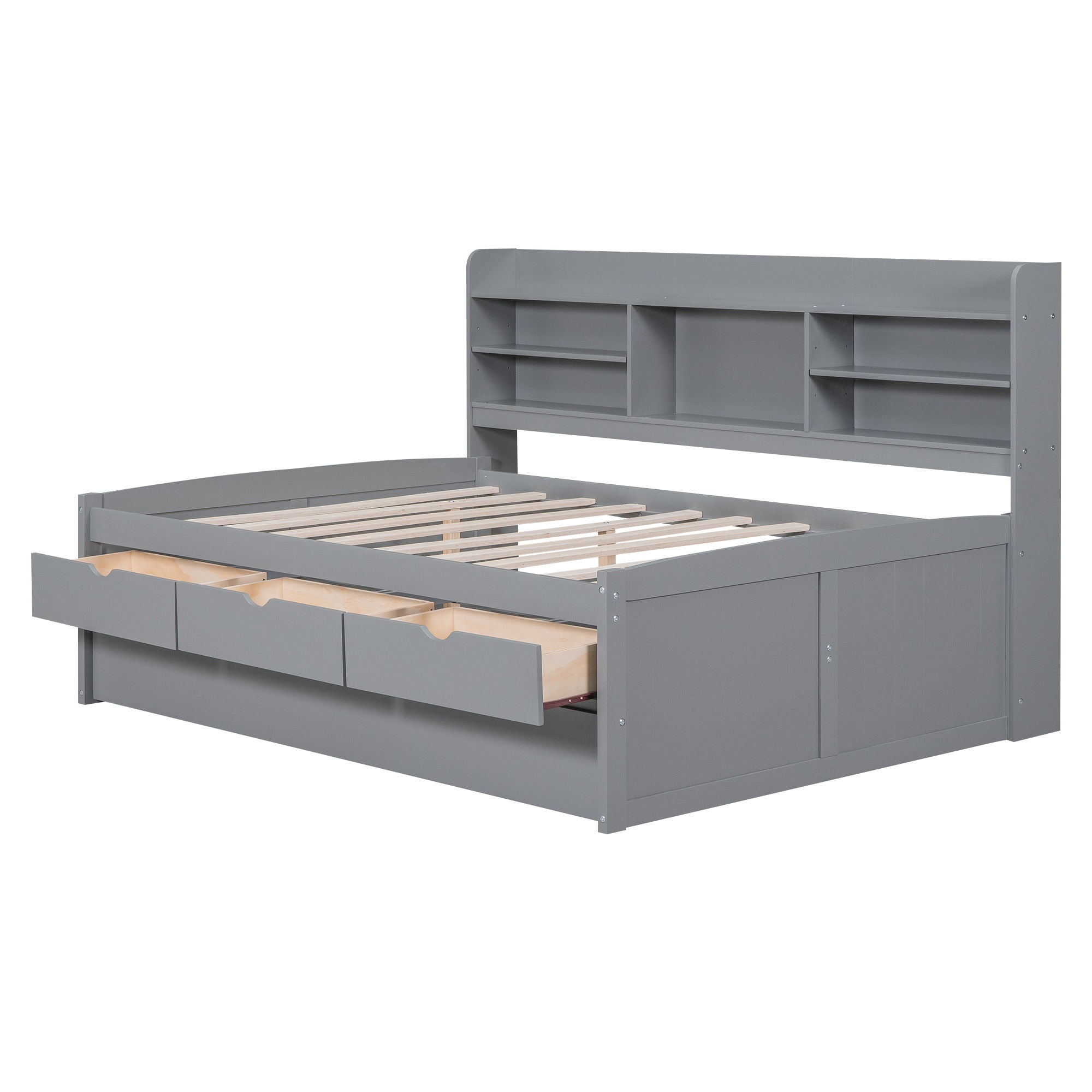 Captain Bed With Built In Bookshelves, 3 Storage Drawers, And Trundle