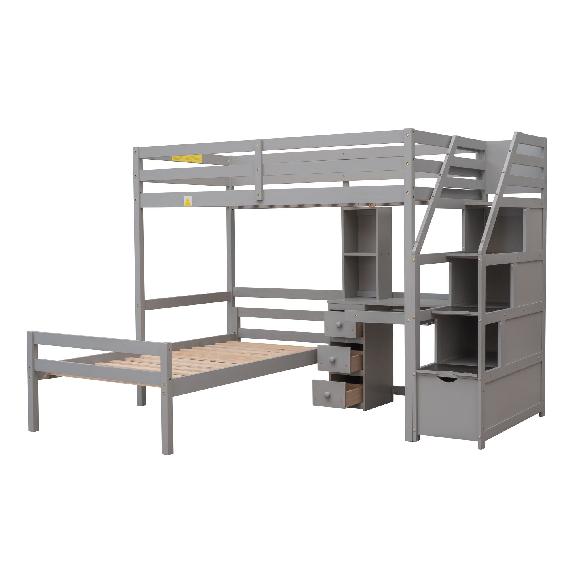 Loft Bed With Stand Alone Bed, Storage Staircase, Desk, Shelves, And Drawers