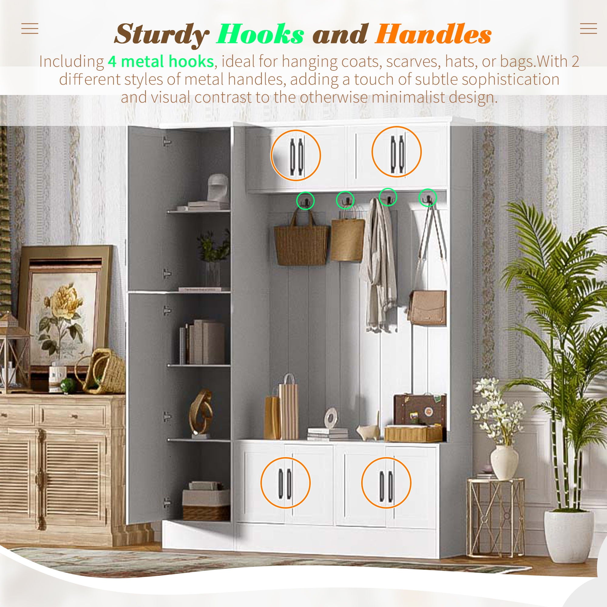 Tall Hall Tree With Shoe Storage, 4 In 1 Entryway Bench With 6 Cabinets, 4 Coat Hooks & Adjustable Shelf For Hallway - White