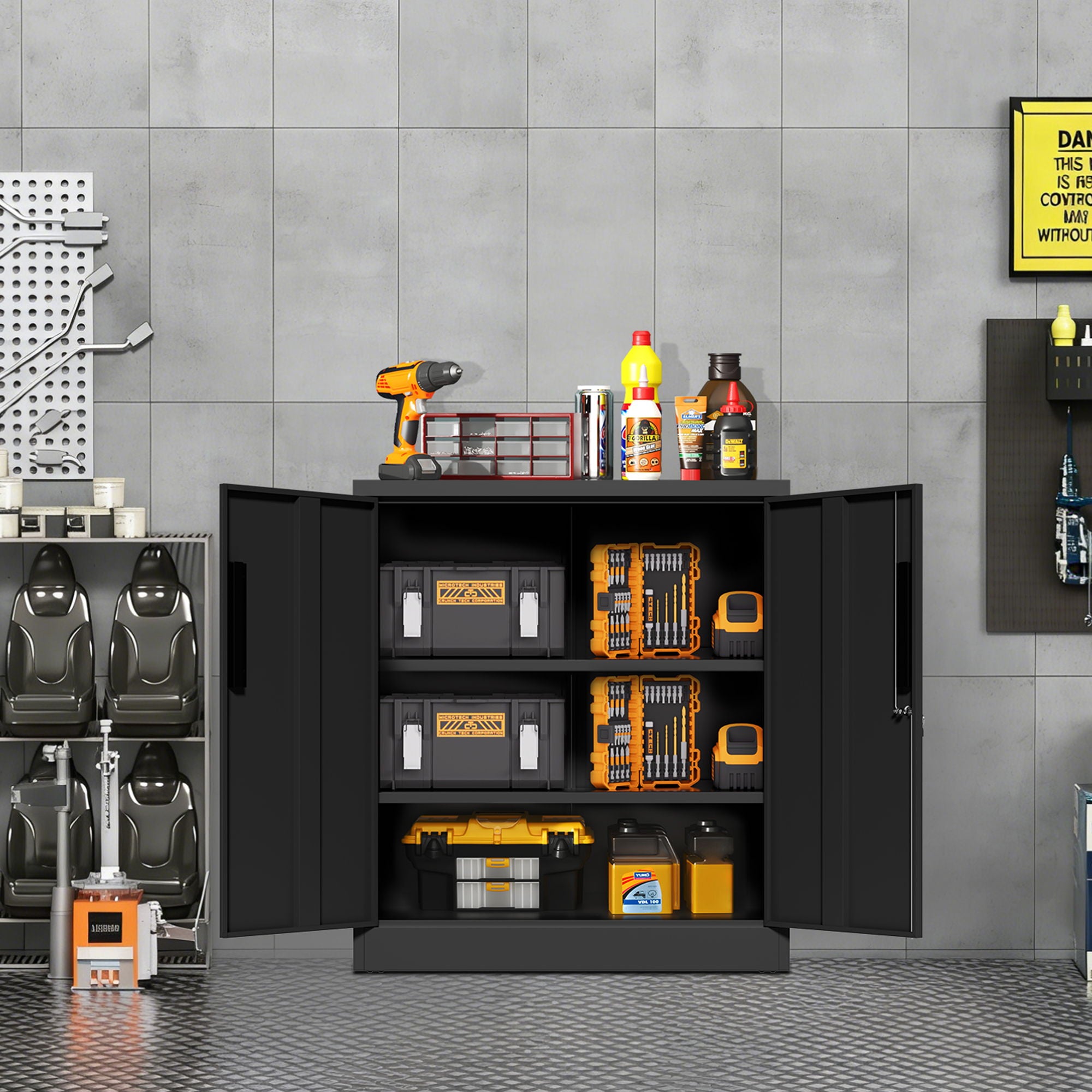 Heavy Duty Storage Cabinet With Lock, 2 Door File Cabinet With 2 Adjustable Shelves - Black