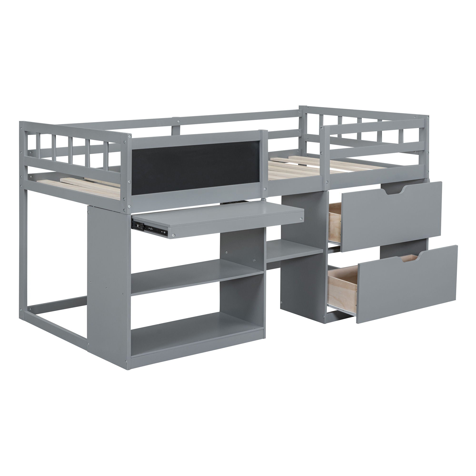 Low Loft Bed With Rolling Desk, Shelf And Drawers