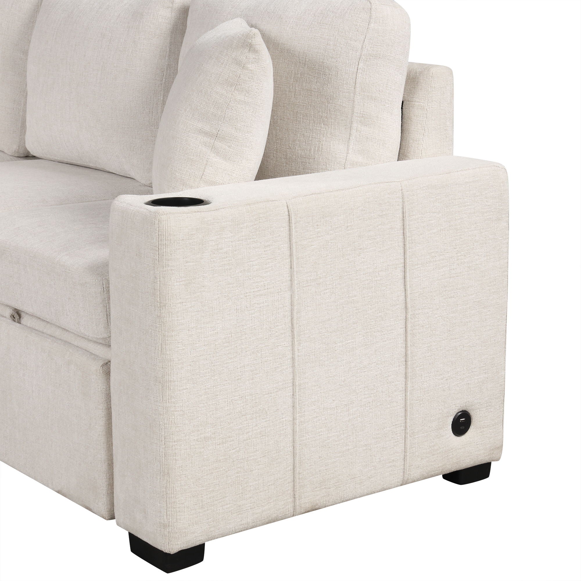 Modern 2 Seater Loveseat Sofa With Pull-Out Bed, Fabric, Built-In USB Ports & Cup Holders
