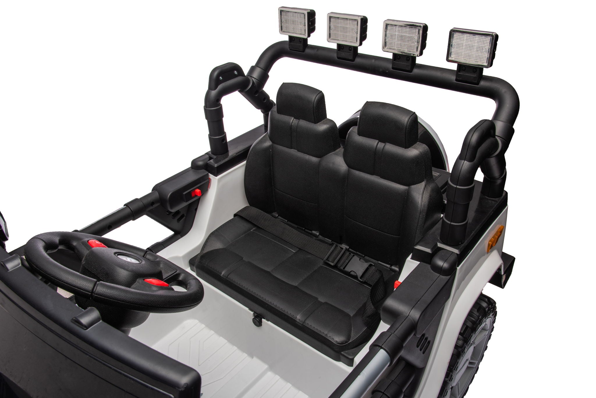 12V7A 30W*2 Four-Wheel Drive Seat One Button Start, Forward And Backward, High And Low Speed, Music, Front Light, Power Display, Two Doors Can Open, 2.4G R / C, Seat Belt Four Wheel Absorber