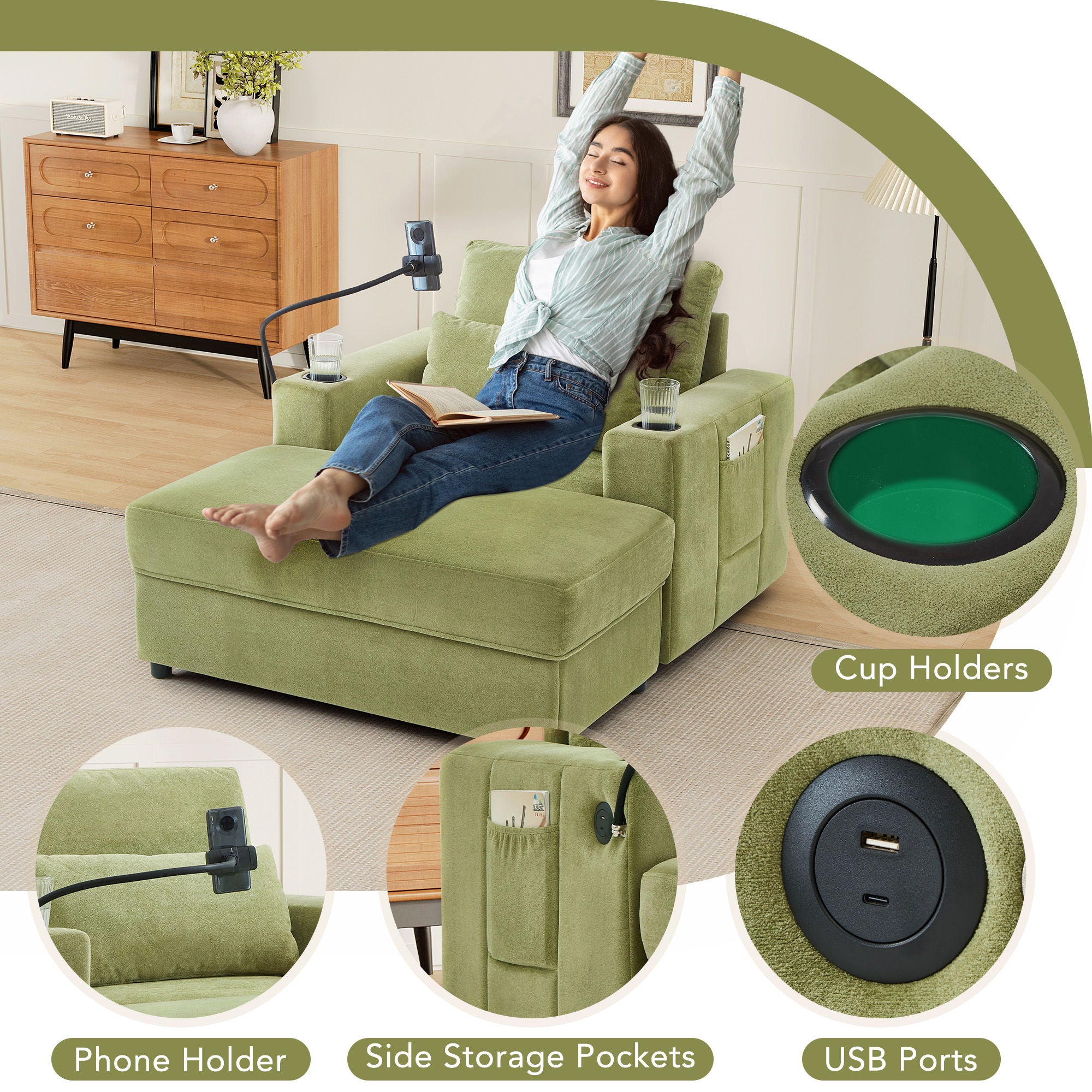 Modern Style Armchair Chaise Lounge Sofa Couch With Movable Storage Ottoman, USB Ports, Cup Holders, Phone Holder, Side Pockets