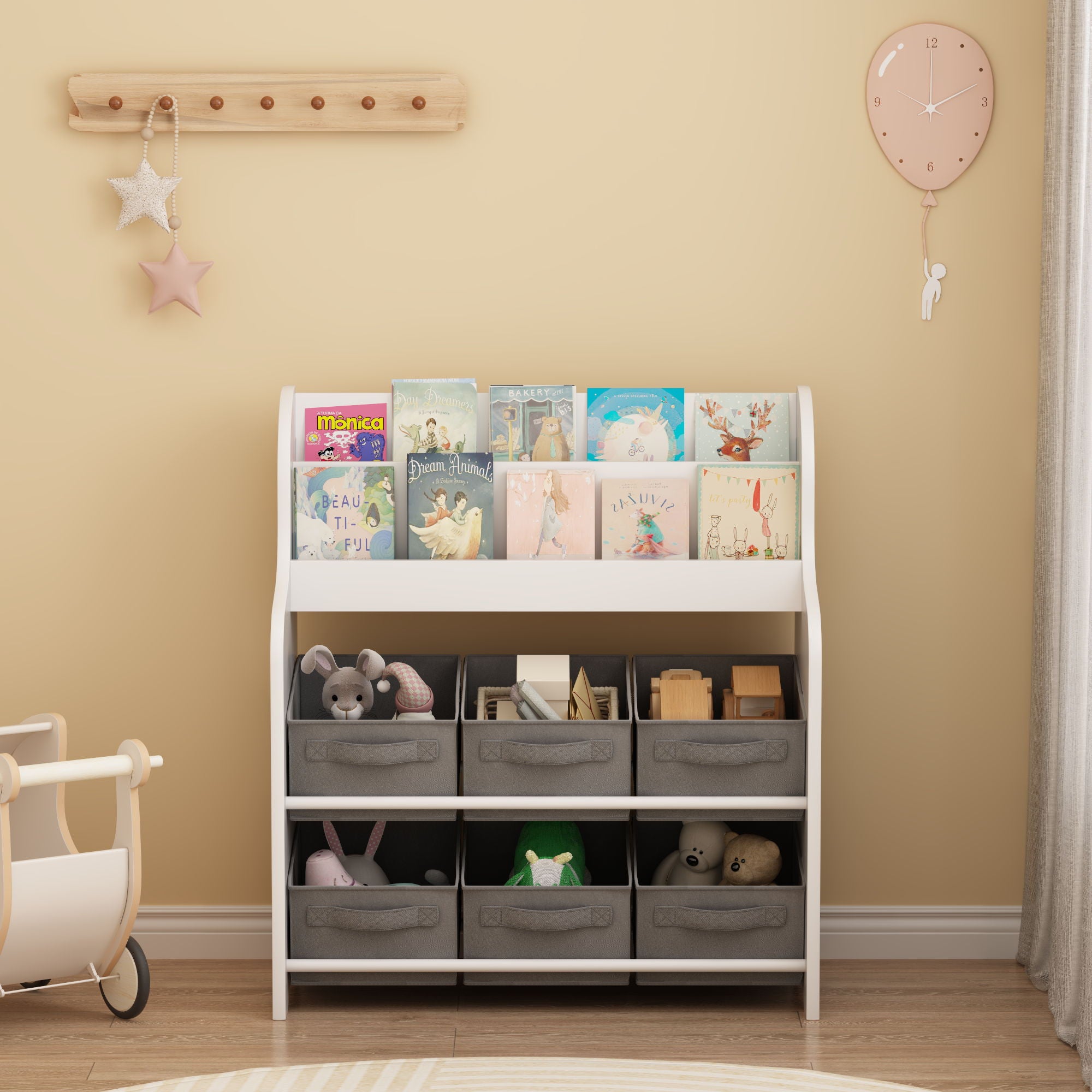 Bookshelf With 6 Storage Bins, Multi Functional Children's Bookcase And Toy Organizer - White