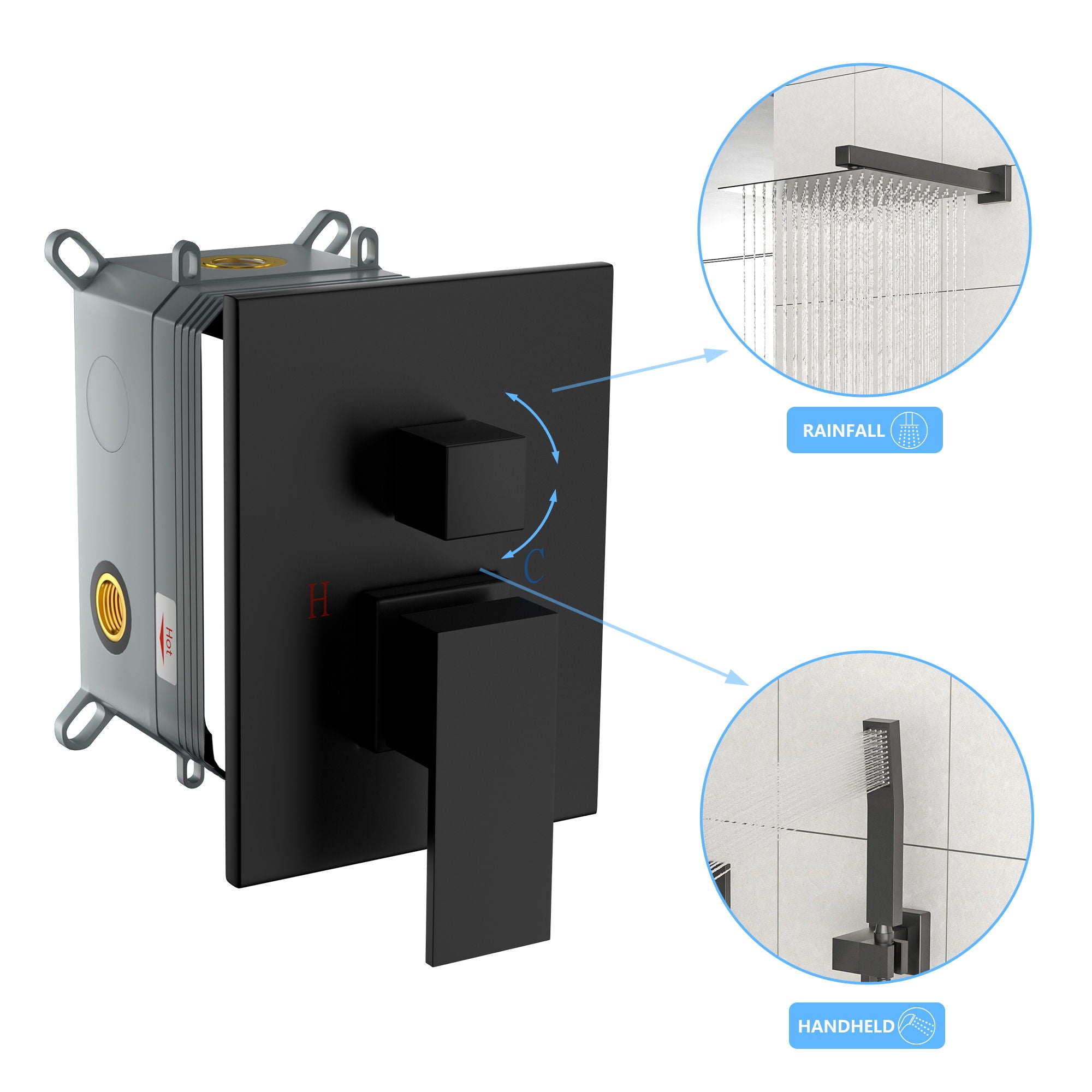 12" Ceiling Mount Square Shower System With Waterfall Tub Spout And Handheld Shower