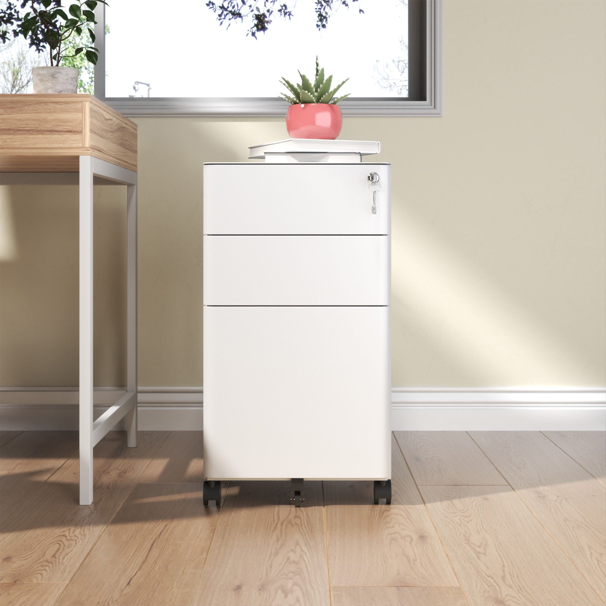 3-Drawer Mobile File Cabinet With Lock, On Wheels, Two Shallow & One Deep Drawer For Office/Home, Fully Assembled - White